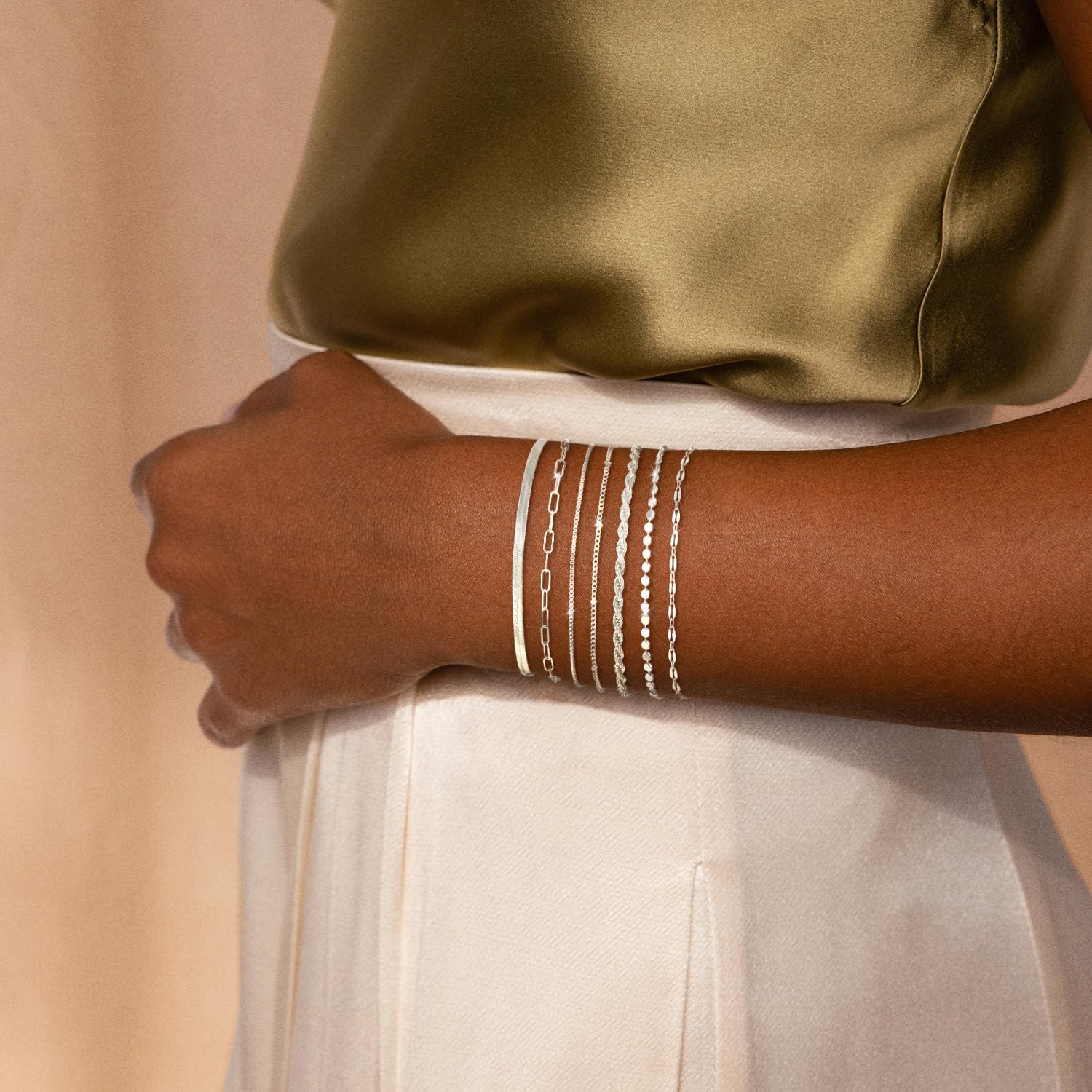 Kyerlyn Silver Bracelets for Women Trendy Waterproof Silver Dainty Bracelet Stack Adjustable Layered Bracelet Set Minimalist Fashion Jewelry