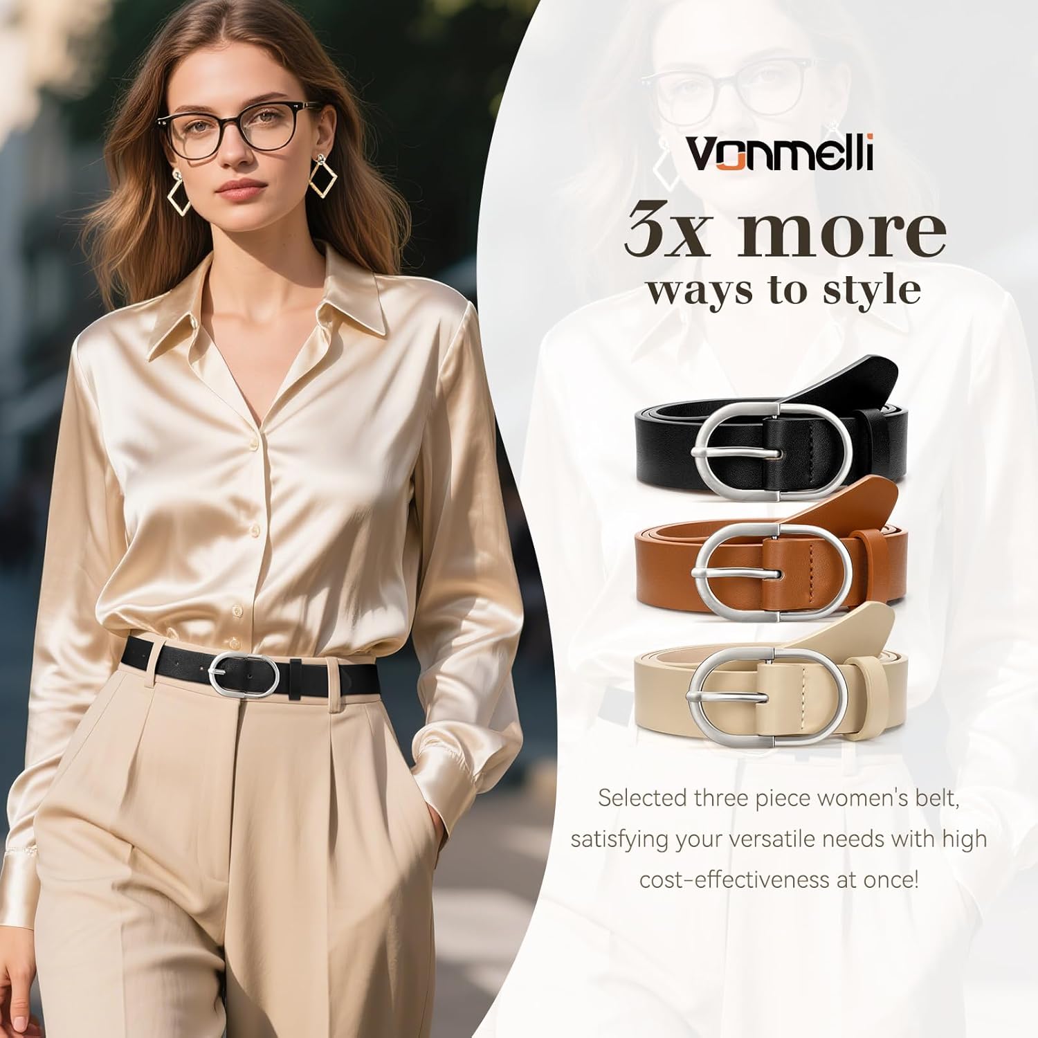 VONMELLI 3 Pack Women's Belts for Jeans Pants Fashion Gold Buckle Ladies Dress Belt