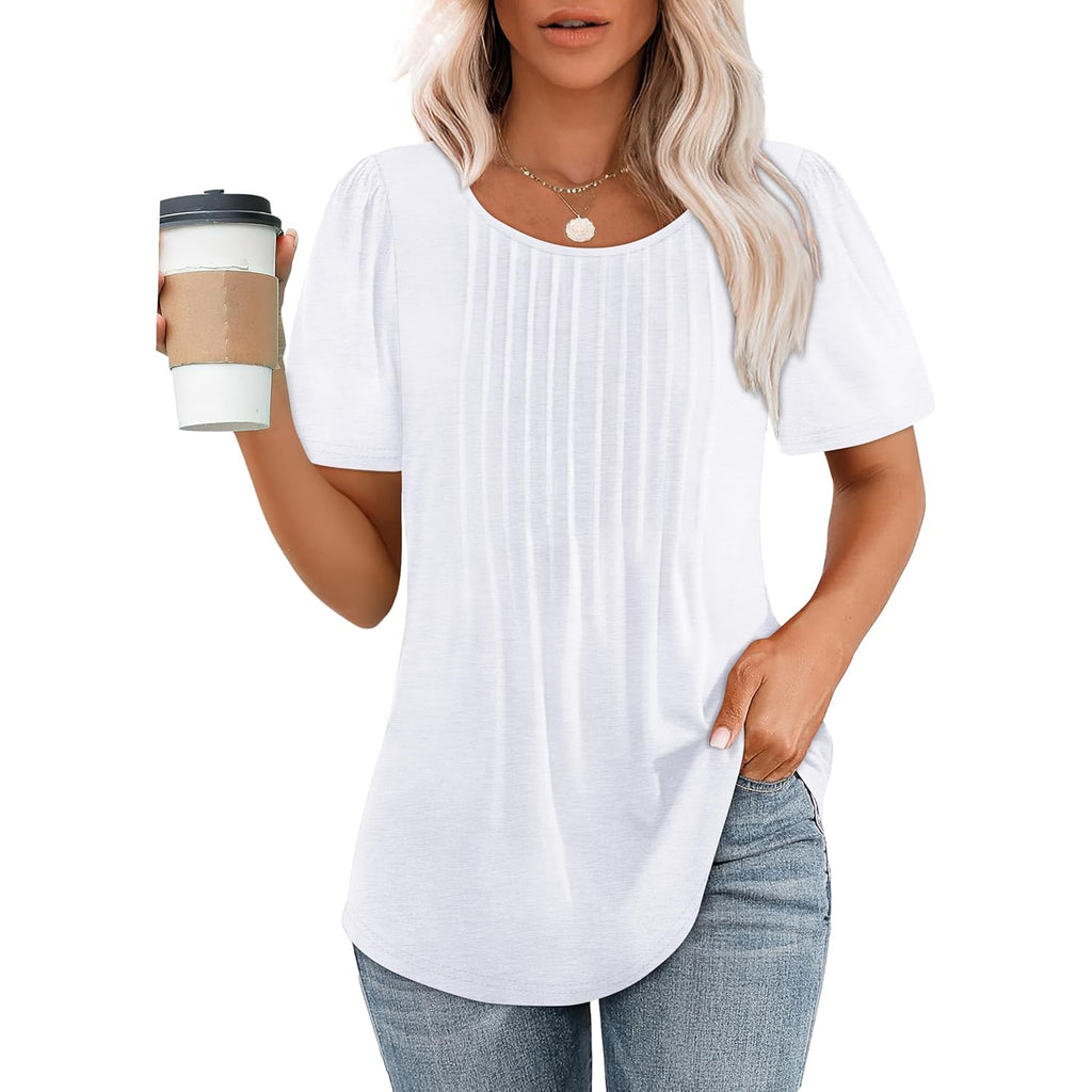 OFEEFAN Womens T Shirts Short Sleeve Pleated Dressy Casual Scooped Neck Summer Tops Blouses