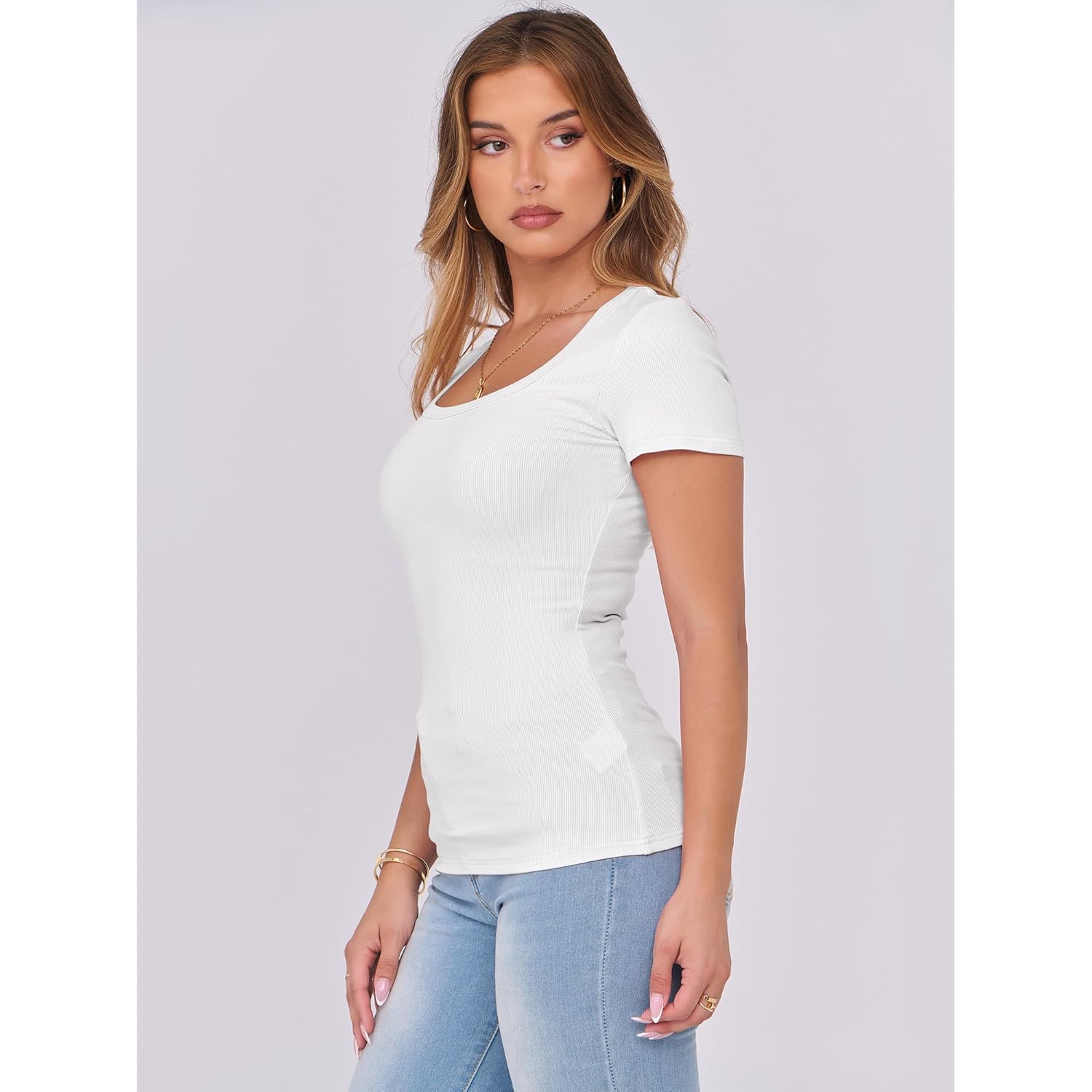 ANRABESS Women Short Sleeve Tops Scoop Neck Ribbed Knit Slim Fitted Basic Tee Shirts 2025 Casual Summer Trendy Clothes