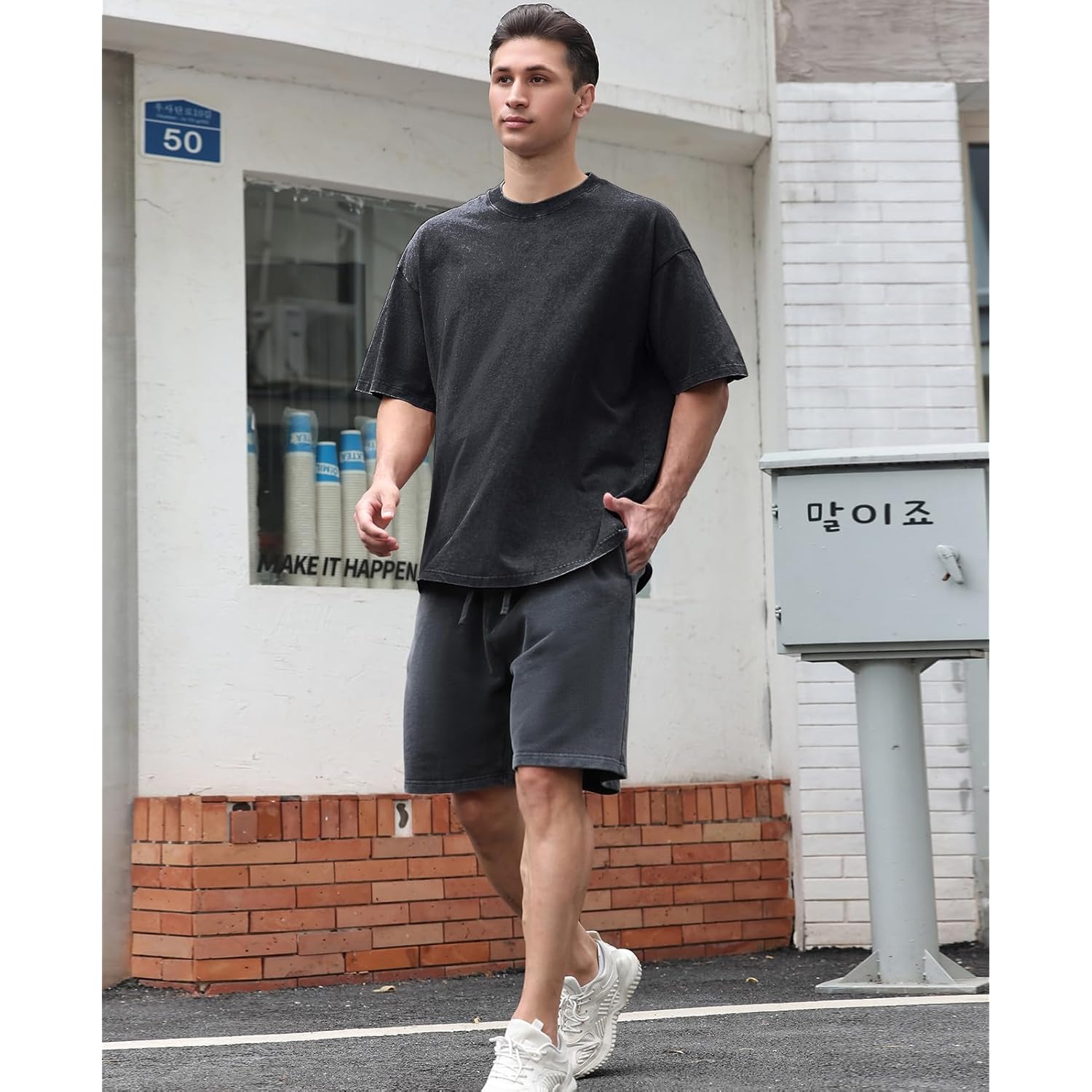 Men's Cotton T-Shirts Oversized Unisex Short Sleeves Casual Loose Wash Solid Basic Tee Tops
