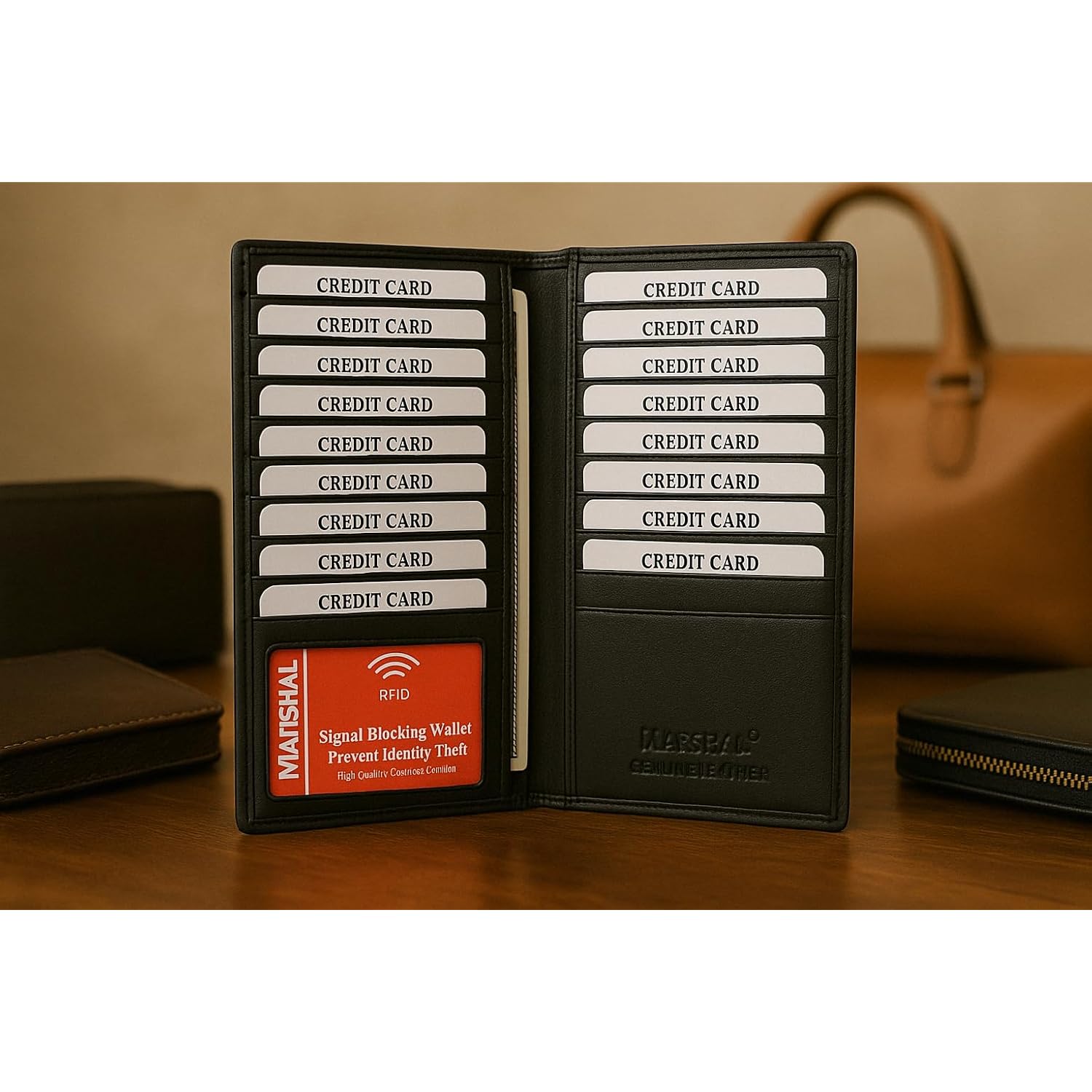 Marshal Bifold Leather RFID Blocking Wallet For Men & Women | Genuine Leather Holder With 19 Slots, 2 Bill Compartments & ID Window For Credit/Debit Cards, Money & More (Black)