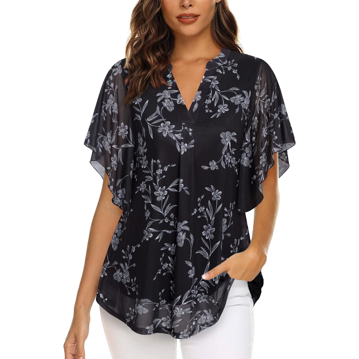 Timeson Women's Short Sleeve V Neck Blouses Shirts Floral Double Layers Mesh Tunics Tops