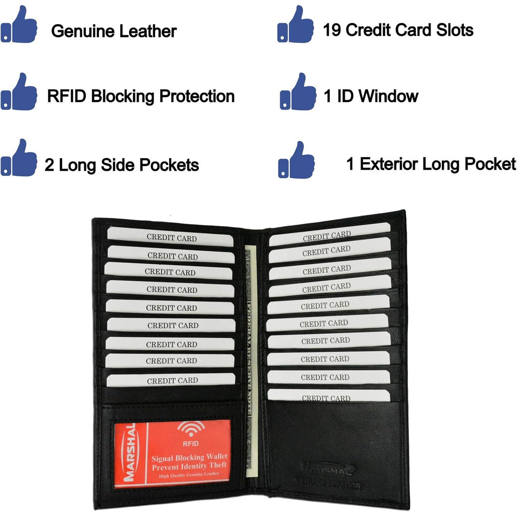 Marshal Bifold Leather RFID Blocking Wallet For Men & Women | Genuine Leather Holder With 19 Slots, 2 Bill Compartments & ID Window For Credit/Debit Cards, Money & More (Black)