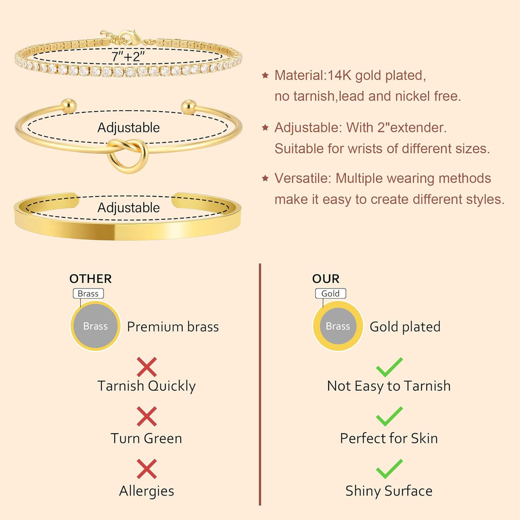 Gold Bangle Cuff Knot Bracelet for Women Stack Non Tarnish 14k Gold Plated Dainty Cubic Zirconia Tennis Bracelets Jewelry Set for Women Trendy