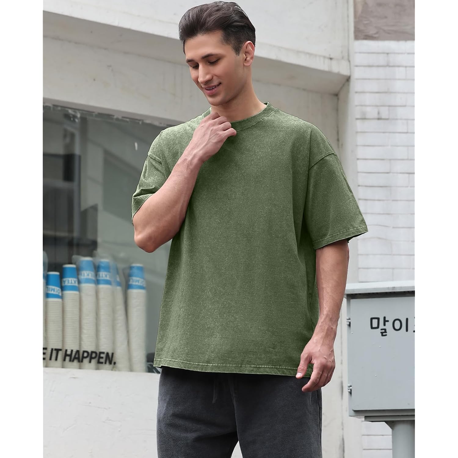 Men's Cotton T-Shirts Oversized Unisex Short Sleeves Casual Loose Wash Solid Basic Tee Tops