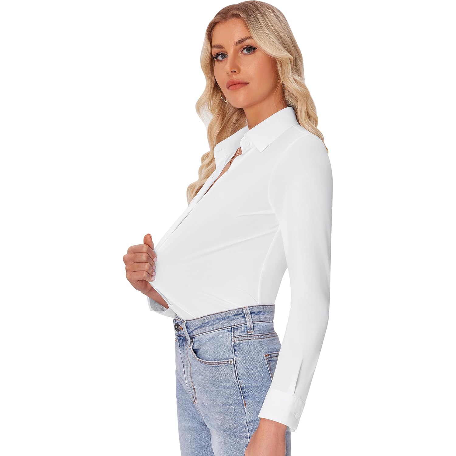 siliteelon Button Down Shirts for Women Slim fit Long Sleeve Stretch Dress Shirts Work Shirt Wrinkle Free Office Blouses