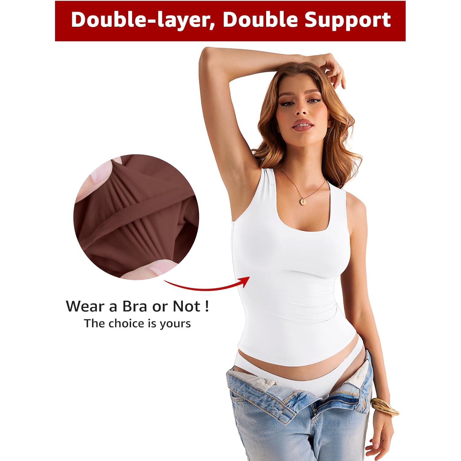 Womens Double Lined Scoop Neck Tank Tops Basic Slim Fit Sleeveless Shirts Y2K Summer Going Out Outfits