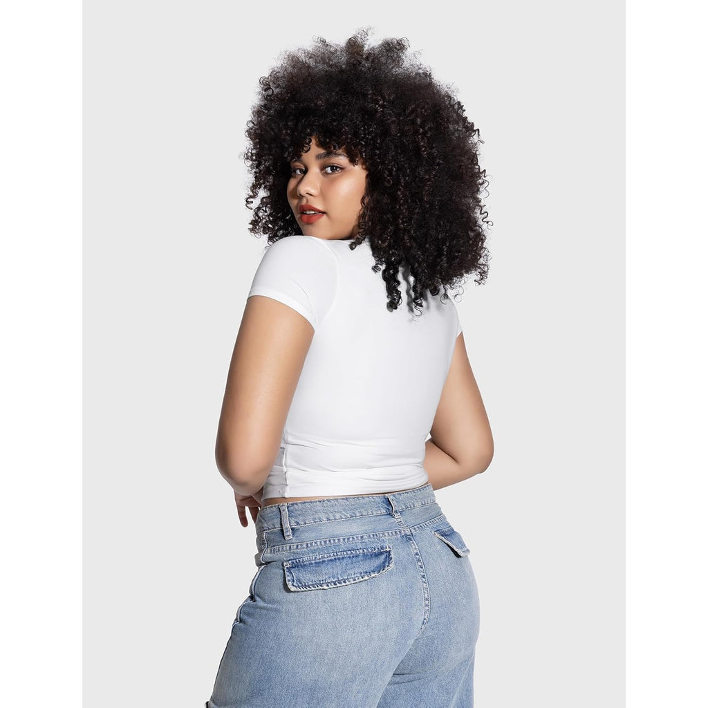PUMIEY Women's Crew Neck Short Sleeve Tops Double Lined Slim Fit T Shirts Basic Tee Smoke Cloud Pro Collection