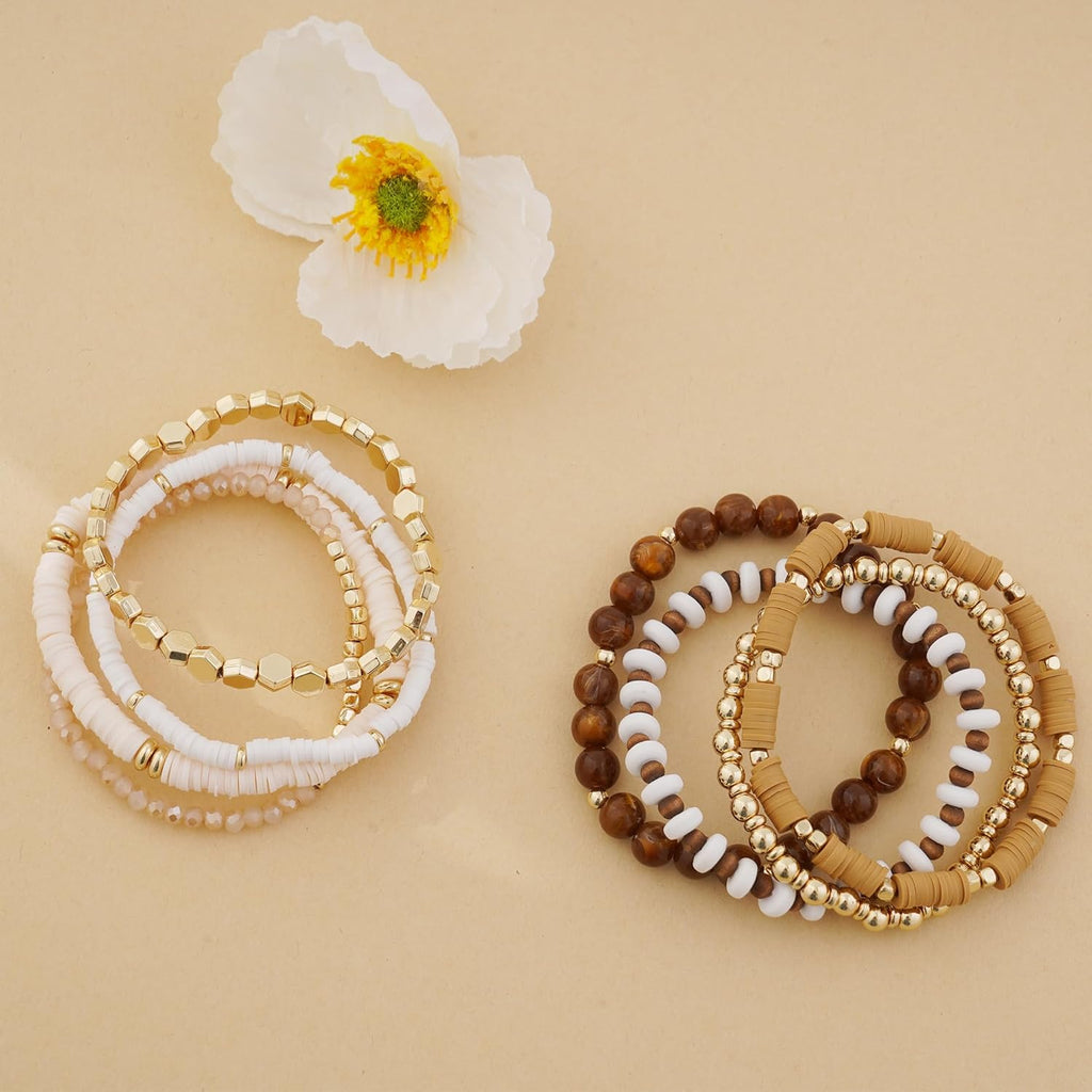 GOOJIDS Surfer Heishi Clay Bead Bracelets for Women Bohemian Stackable Gold Beaded Stretch Bracelets Elastic Layering Friendship Bracelets Set Boho Jewelry