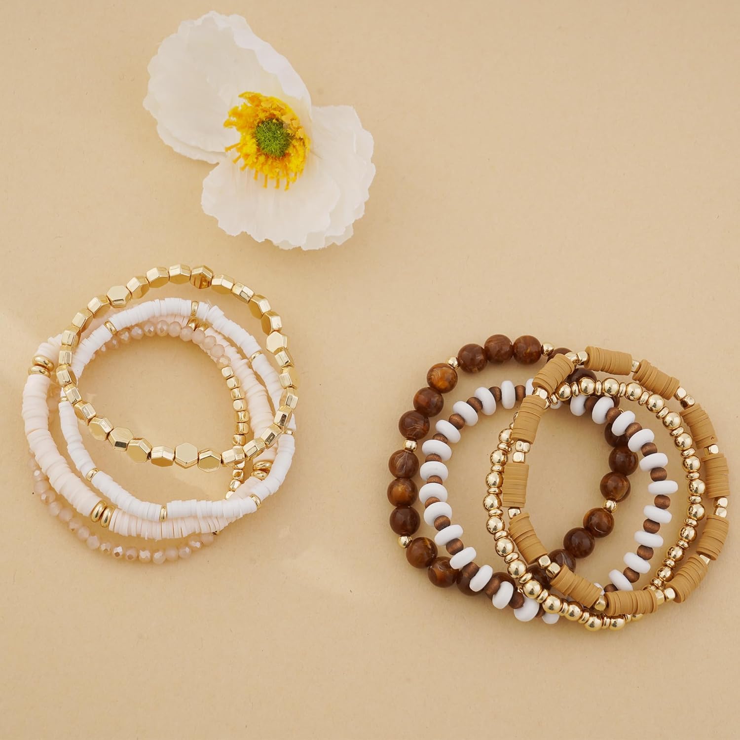 GOOJIDS Surfer Heishi Clay Bead Bracelets for Women Bohemian Stackable Gold Beaded Stretch Bracelets Elastic Layering Friendship Bracelets Set Boho Jewelry