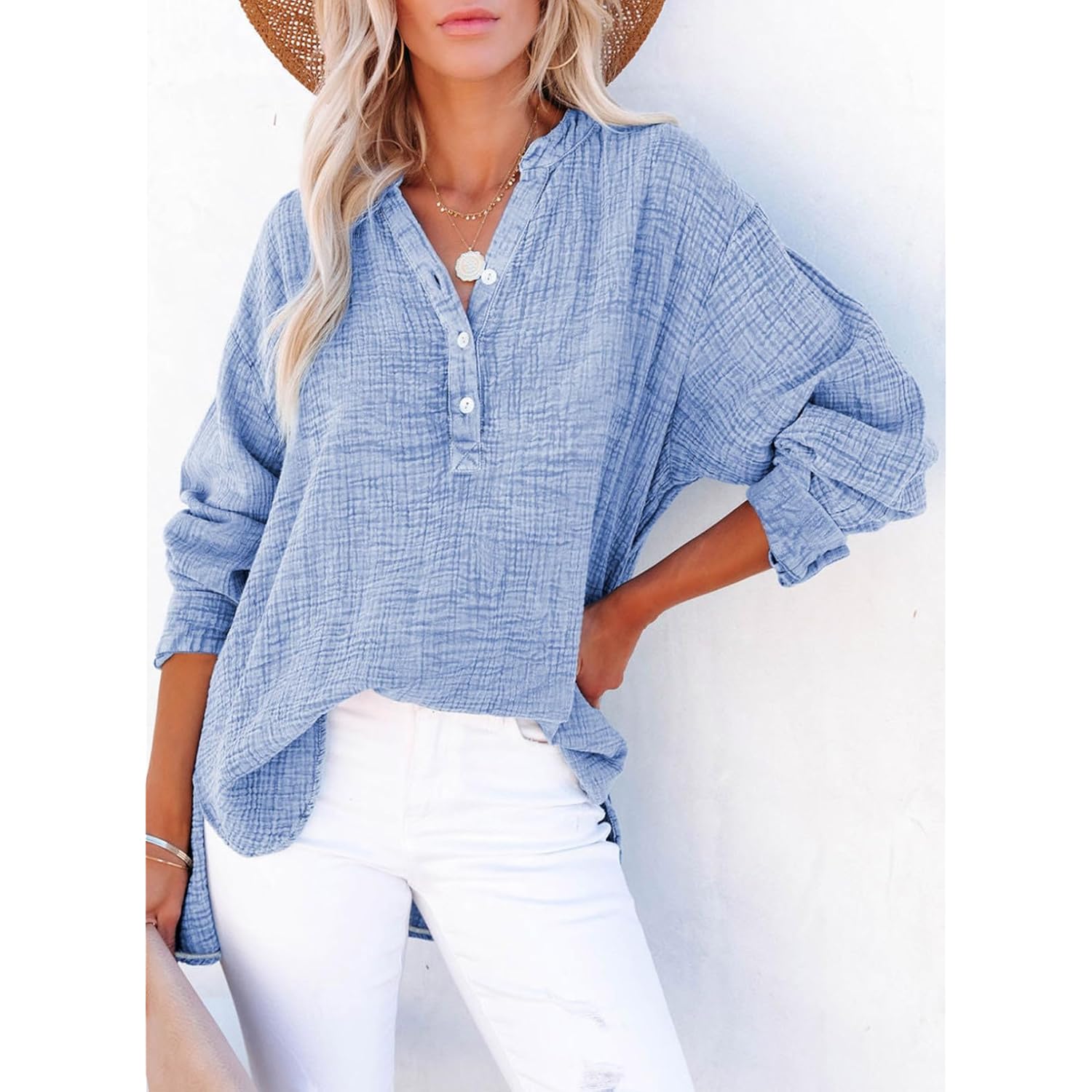 Dokotoo Womens Casual Button V Neck Long Sleeve Shirts Oversized Solid Blouses Tops