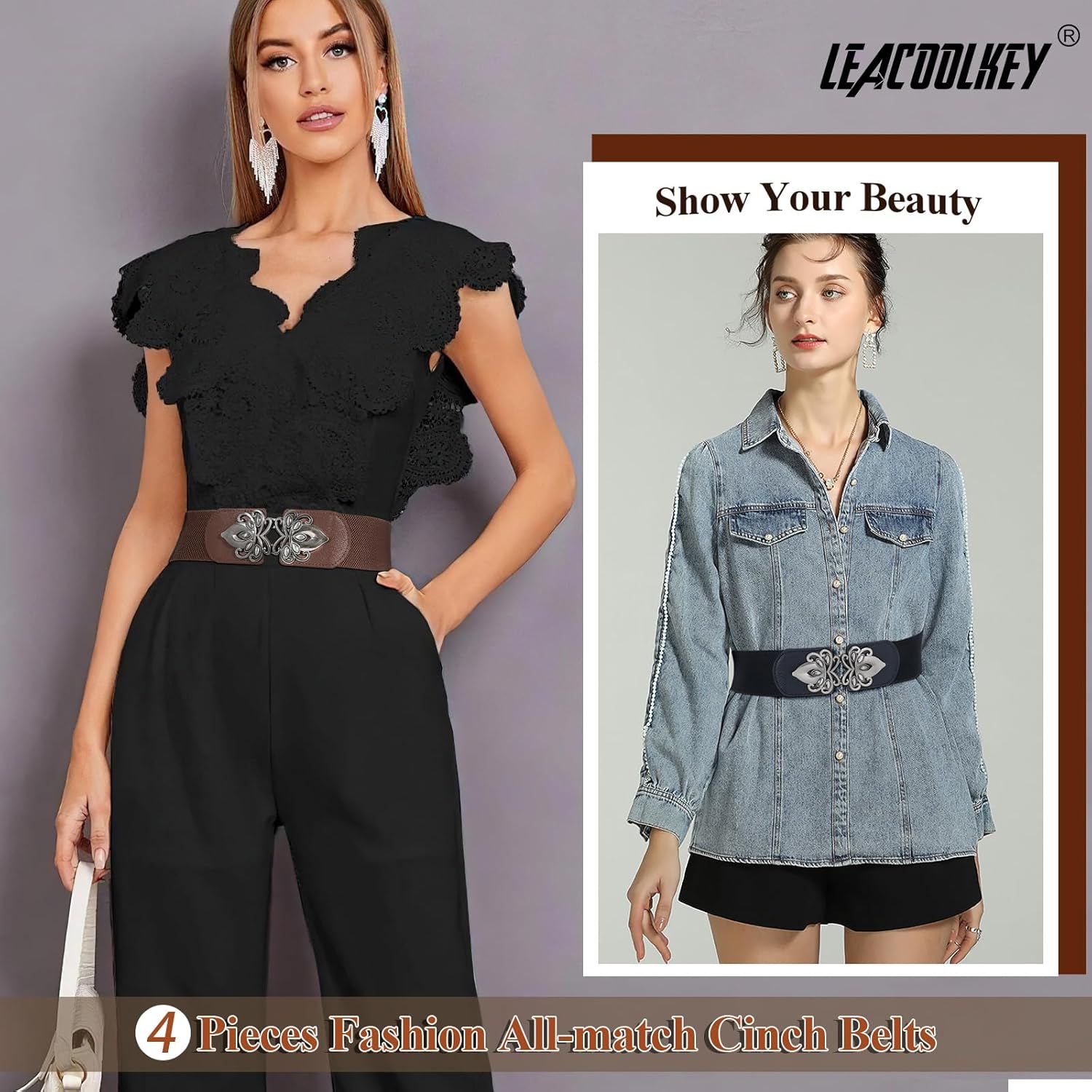 LEACOOLKEY 4 Pack Women Wide Elastic Waist Belt for Dress Plus Size Vintage Stretch Cinch Belt Retro Buckle 2.36" Width