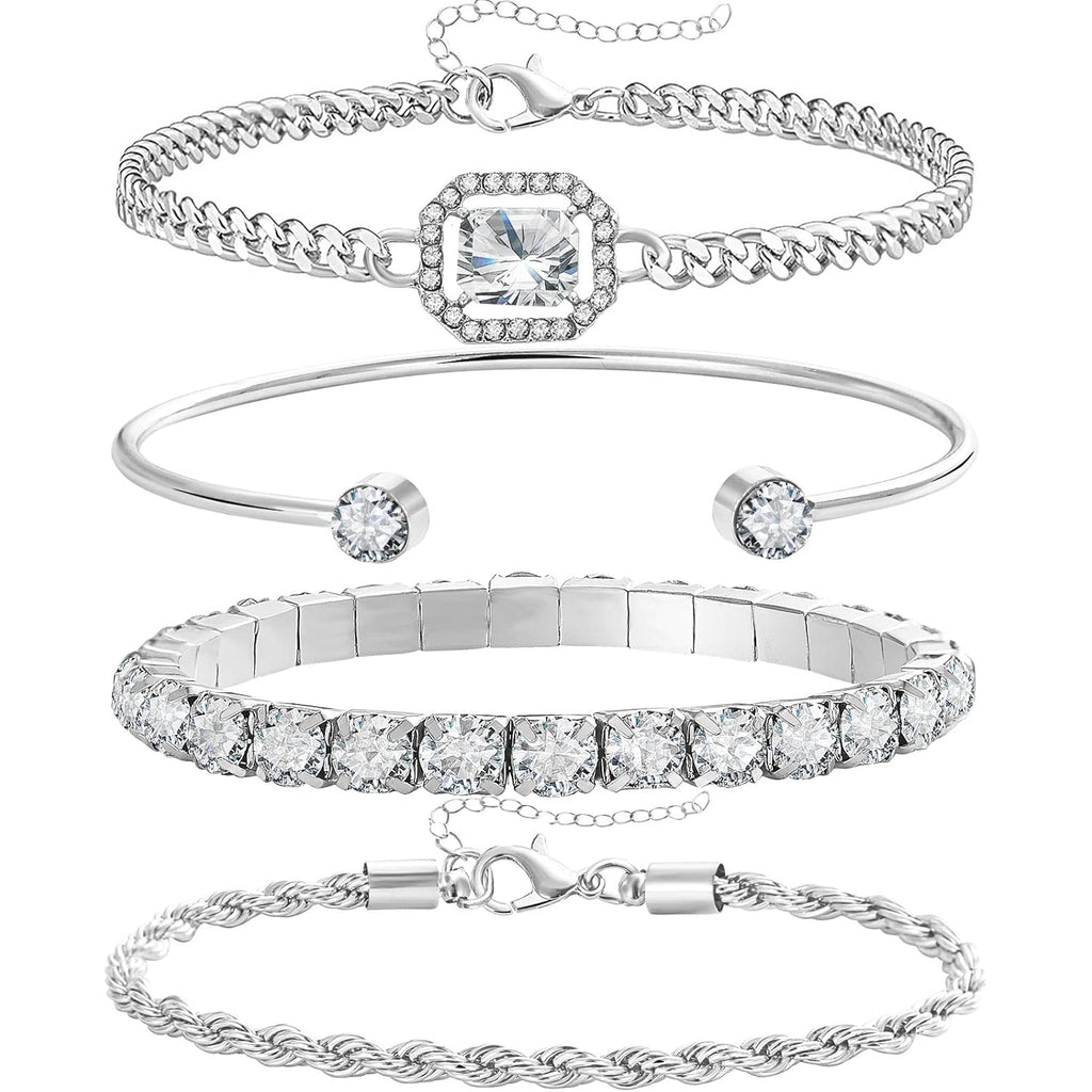 4 Pcs Dainty Gold Silver Bracelets Set for Women 14K Plated Link Cubic Zirconia Paperclip Stake Layering Chain Adjustable Trendy Hand Jewelry