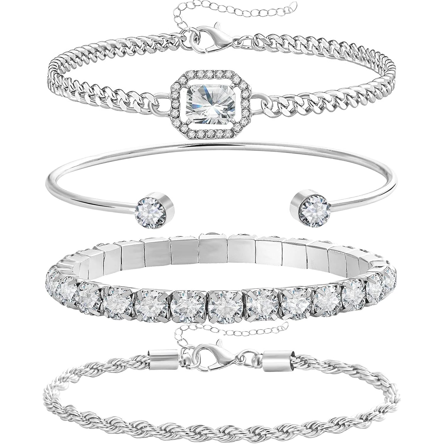4 Pcs Dainty Gold Silver Bracelets Set for Women 14K Plated Link Cubic Zirconia Paperclip Stake Layering Chain Adjustable Trendy Hand Jewelry