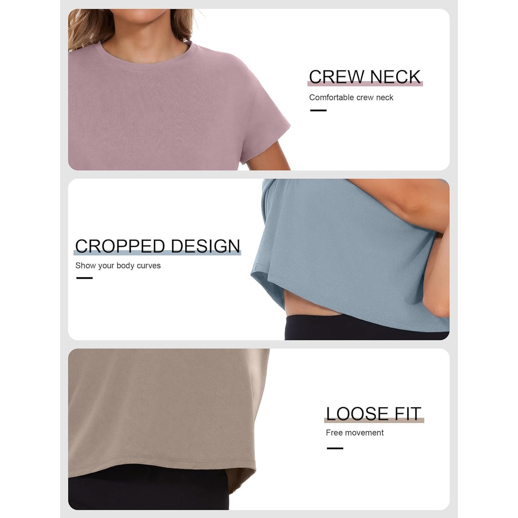 6 Pack Women's Crop Top Short Sleeve Athletic Workout Yoga Running Gym Casual Tees T-Shirts Loose Fit