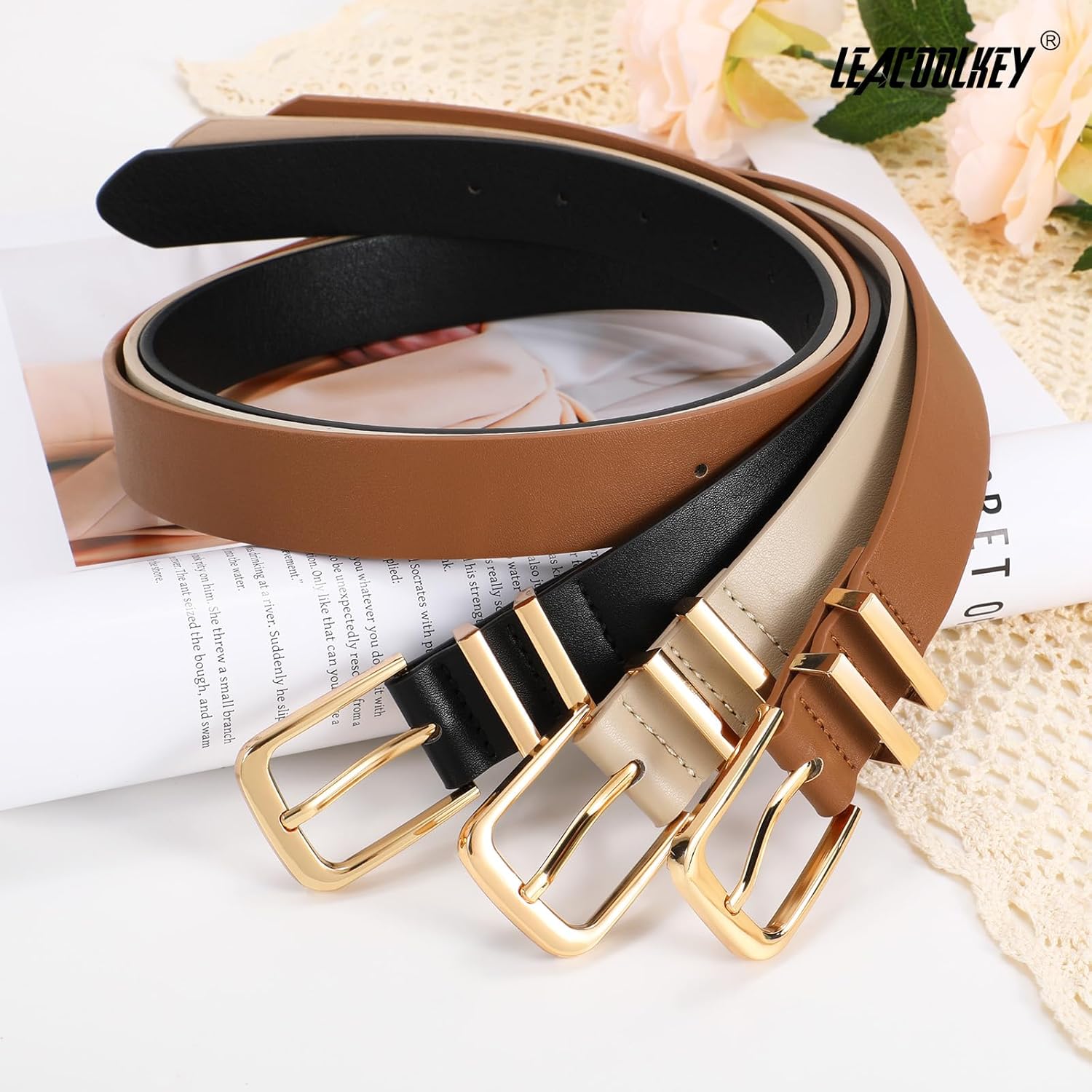 LEACOOLKEY 3 Pack Women's Leather Belts for Jeans Dress Pants Fashion Ladies Leather Belts with Gold Buckle
