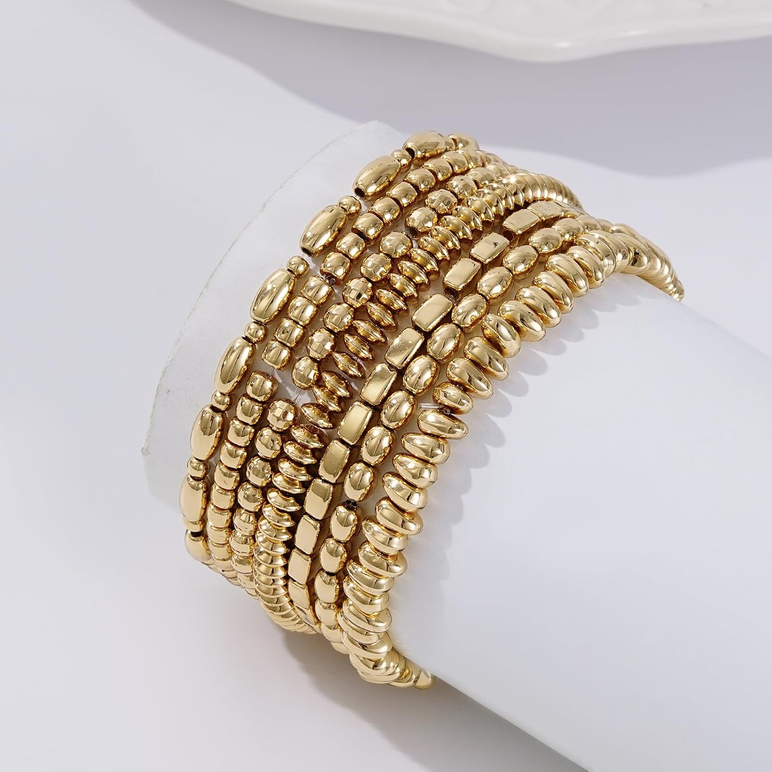 Gold Beaded Bracelets for Women Trendy, 14K Gold Plated Stack Cross Pearl Gold Bead Stretch Bracelets Set Elastic Hypoallergenic Bracelets Jewelry Gifts