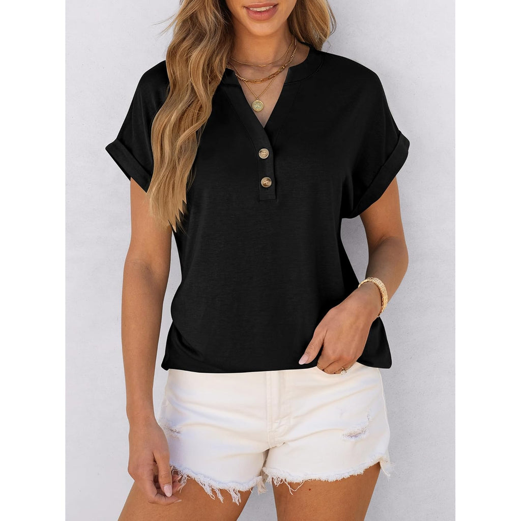 ANRABESS Womens Short Sleeve Henley Tops V Neck Dressy Casual Blouses Summer Trendy Tee Shirts 2025 Vacation Fashion Clothes