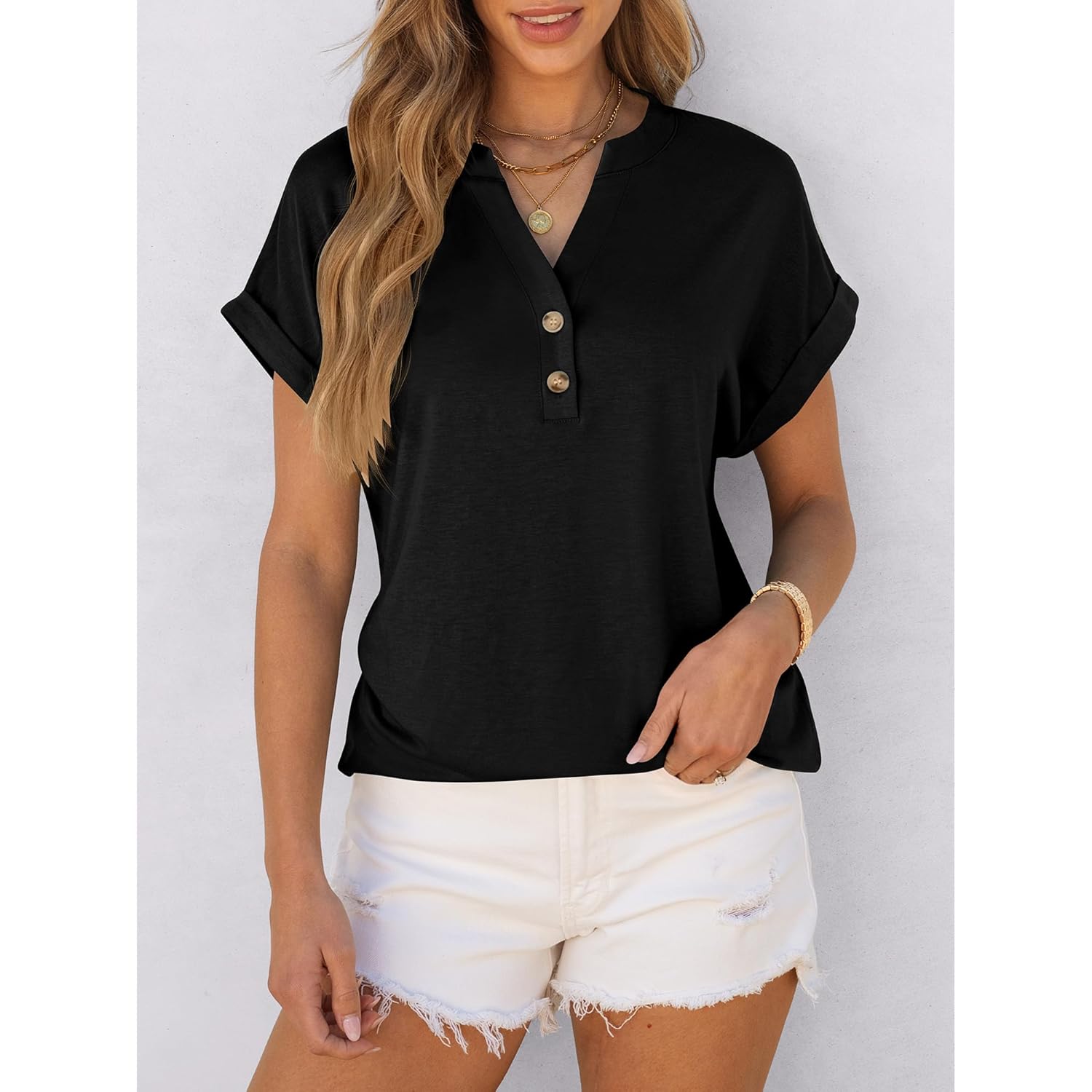 ANRABESS Womens Short Sleeve Henley Tops V Neck Dressy Casual Blouses Summer Trendy Tee Shirts 2025 Vacation Fashion Clothes