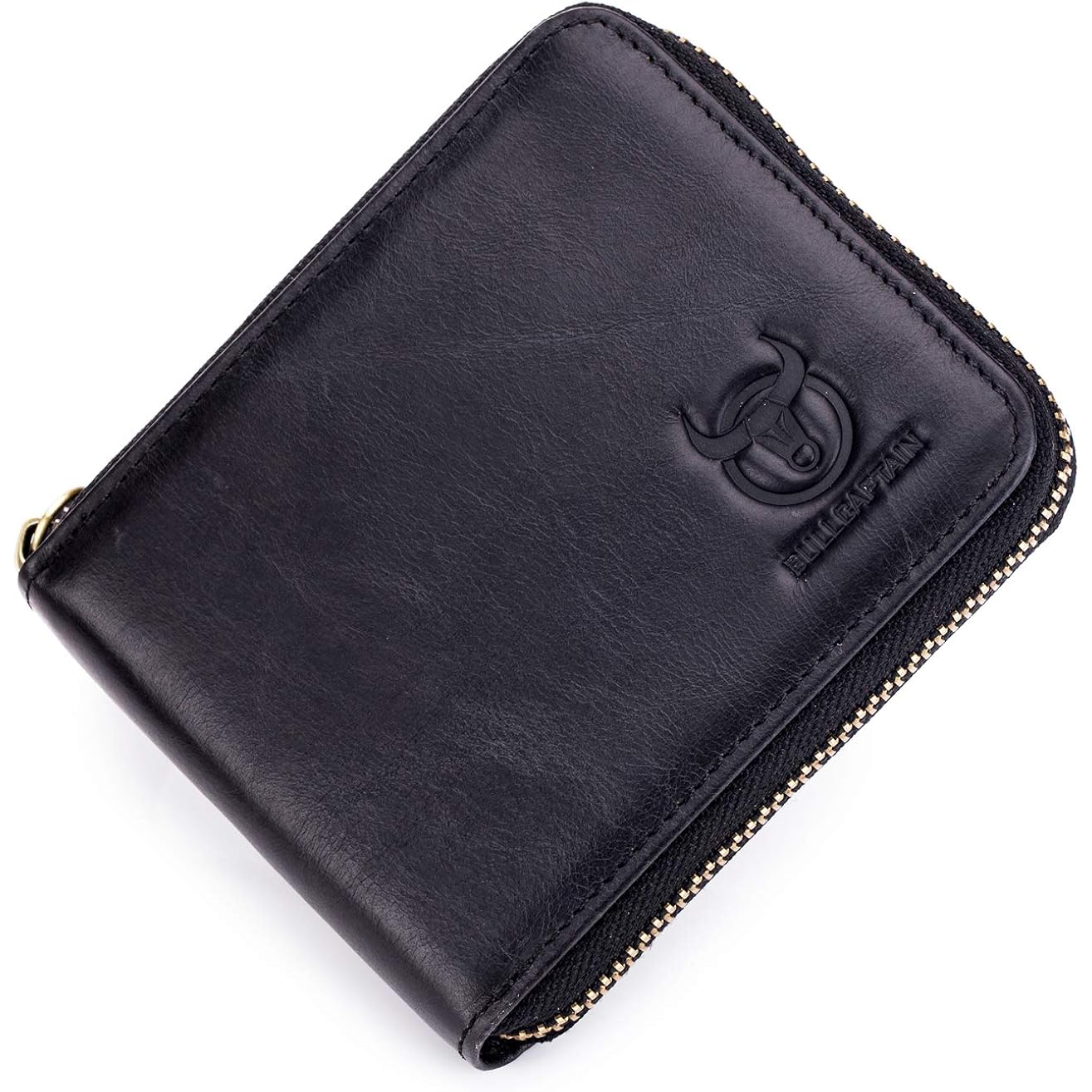 BULLCAPTAIN Mens Genuine Leather Zipper Wallet RFID Blocking Bifold Secure Zip Around Wallets Multi Credit Card Holder Purse (black)