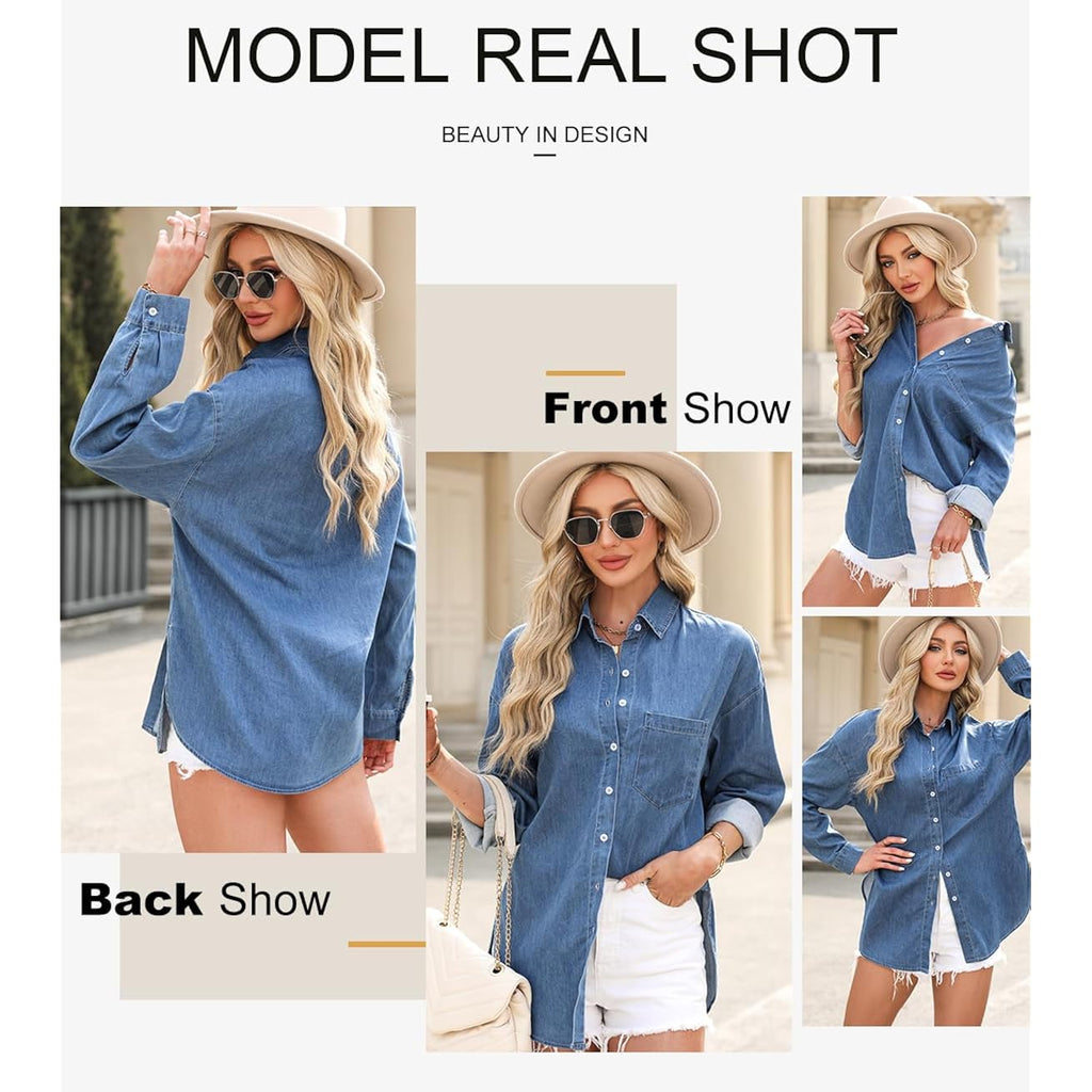 Astylish Women Denim Shirts Button Down Blouse V Neck Casual Tops