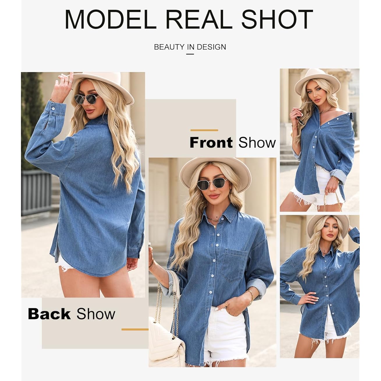 Astylish Women Denim Shirts Button Down Blouse V Neck Casual Tops
