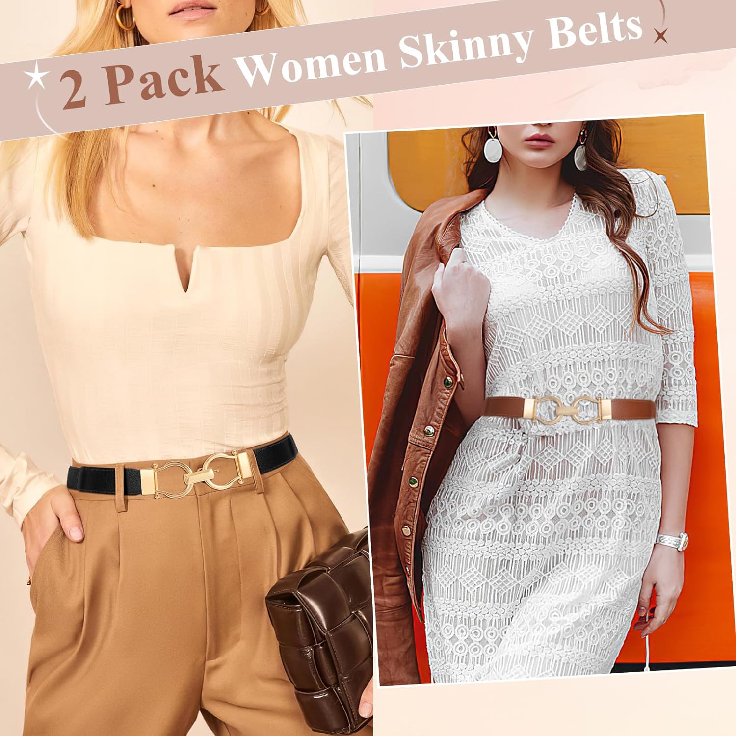 WHIPPY 2 Pack Skinny Elastic Belts for Women Thin Stretchy Waist Belt for Dresses with Gold Buckle