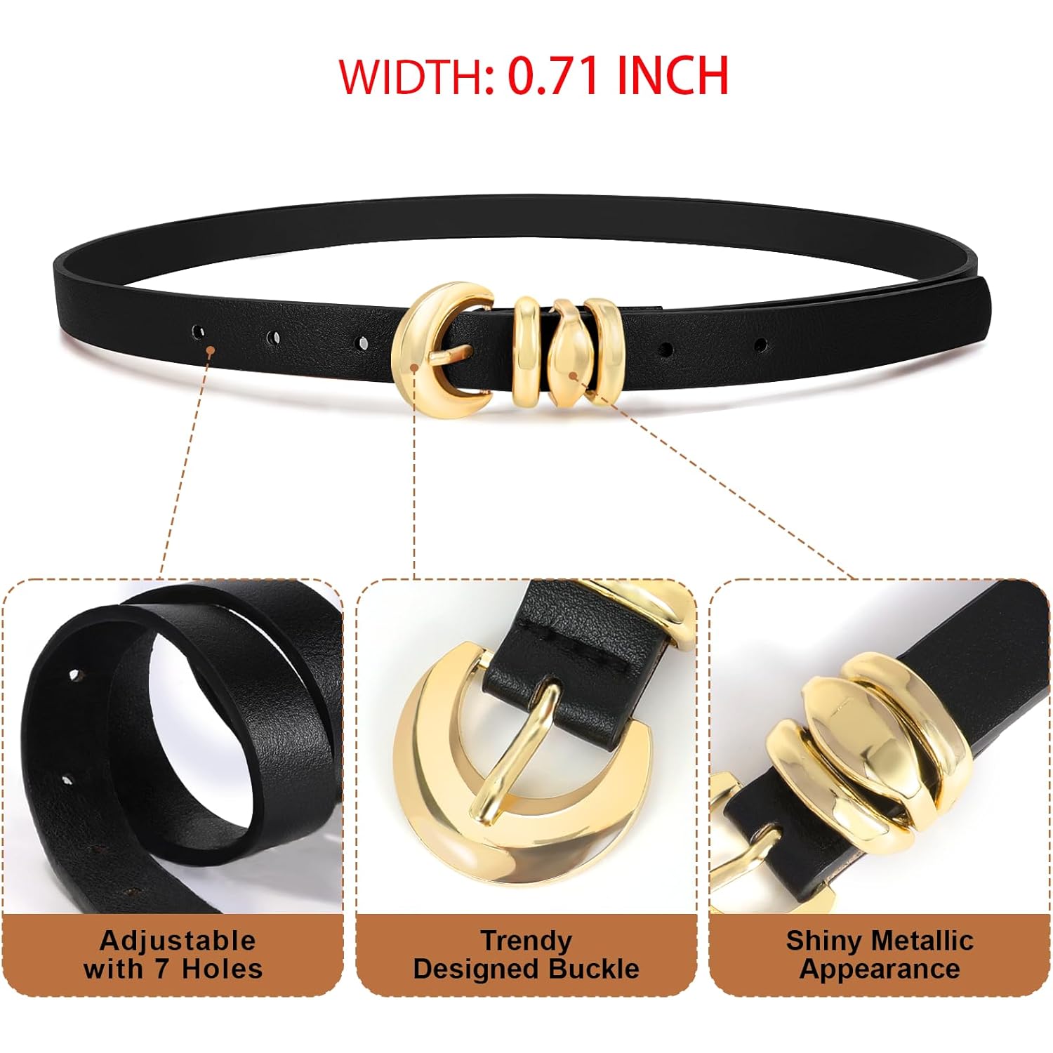 XZQTIVE 2 Pack 0.71'' Womens Skinny Leather Belts for Ladies Thin Waist Belt for Jeans Dress Pants with Fashion Gold Buckle