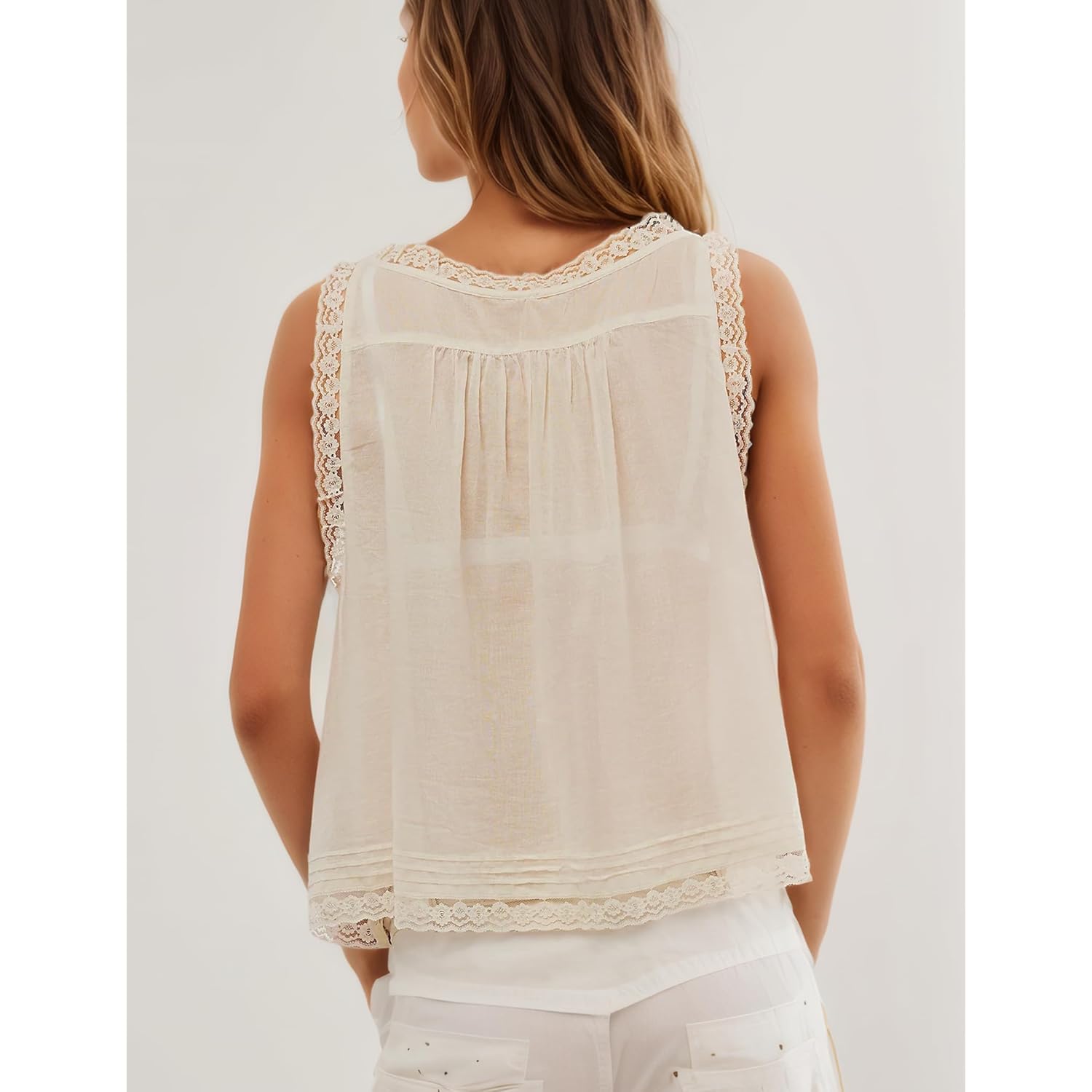 Women Boho Lace Tank Top Boho Summer Vacation Top Sleeveless Button Down Front Tie Lace Y2k Tops Cute Shirt