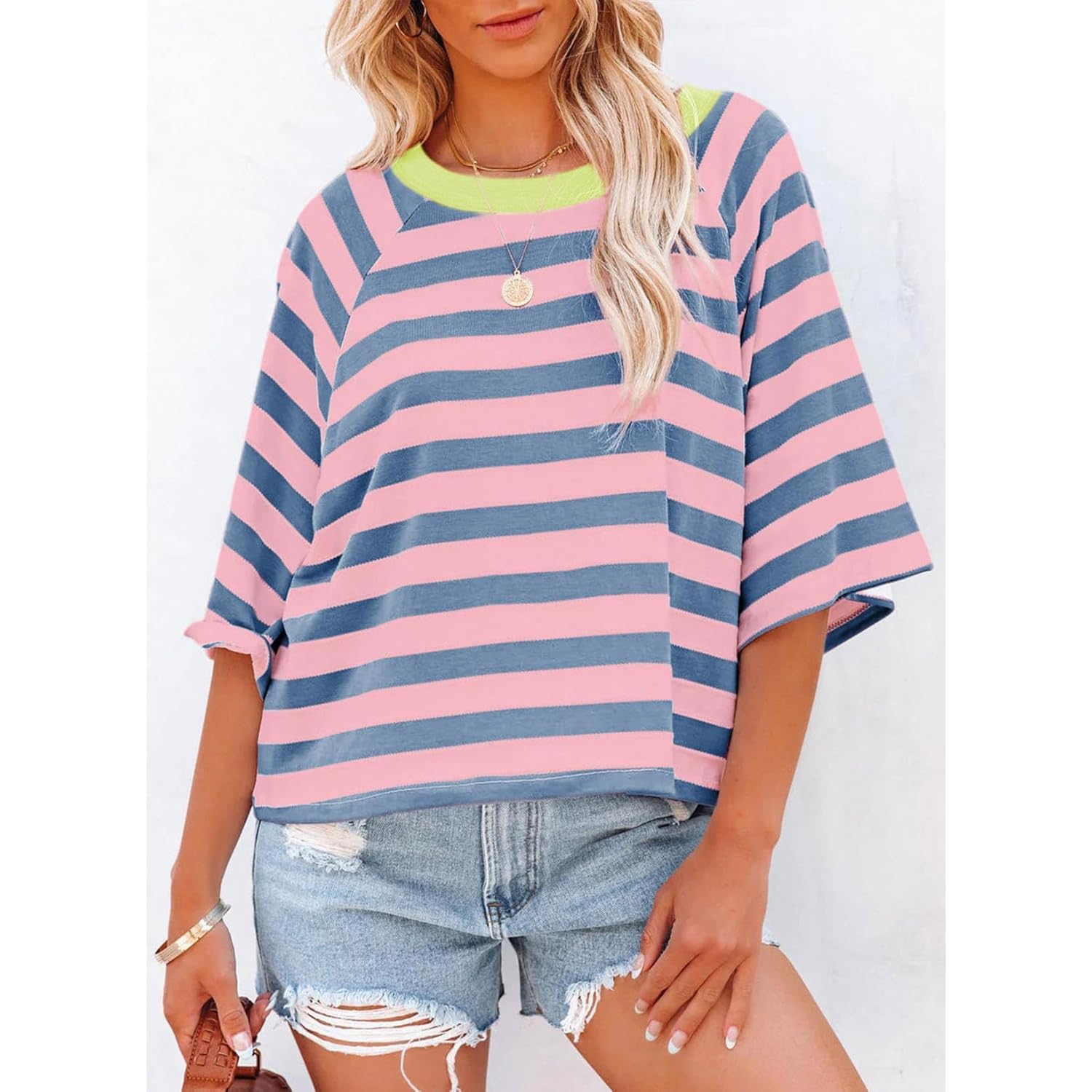Dokotoo Tops for Women Striped 2025 Fashion T Shirts for Women Color Block Crewneck Design Loose Basic Tee