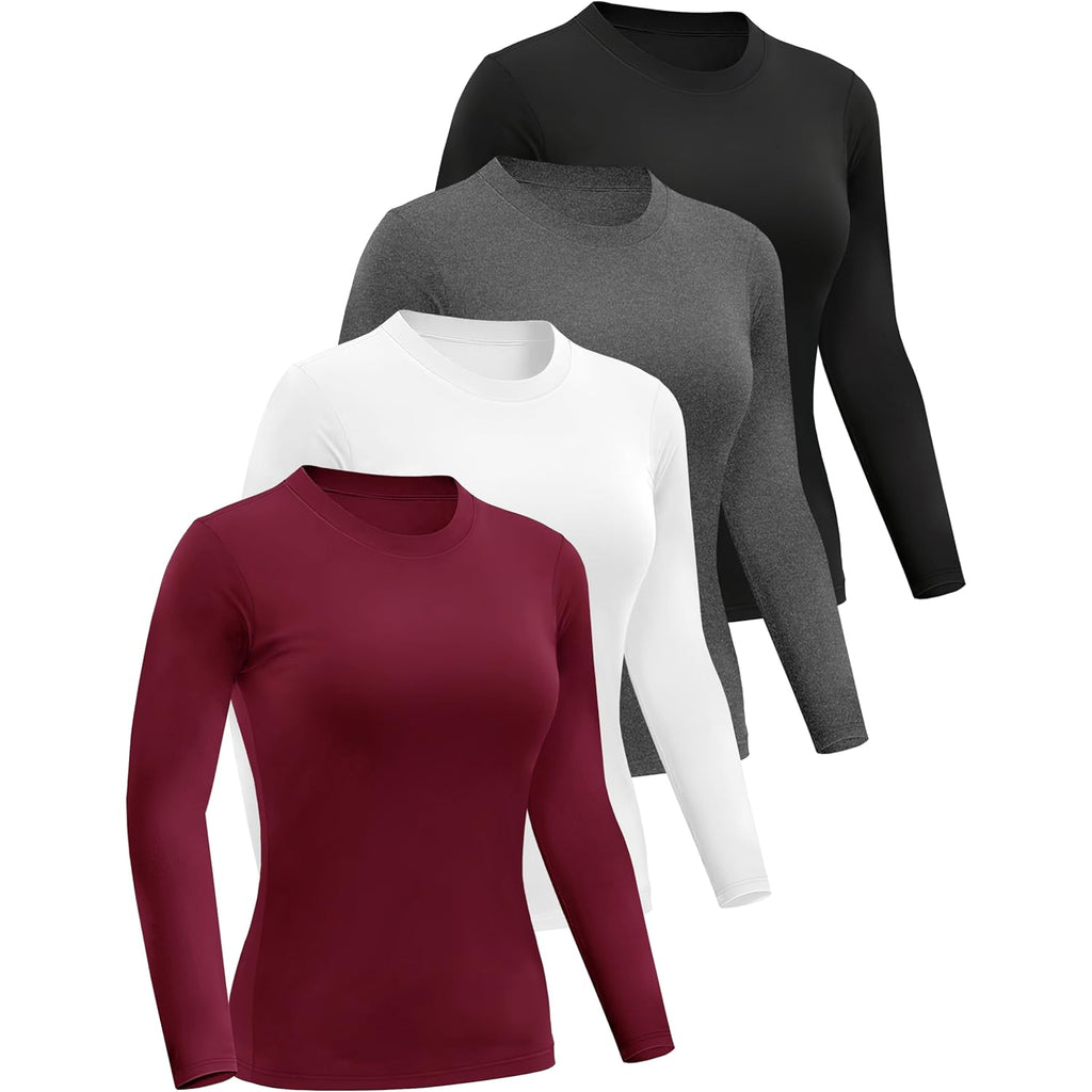 4 Pack Women’s Long Sleeve Basic Shirts Crew Neck Slim Fitted Compression Gym Workout Athletic Underscrubs Tops