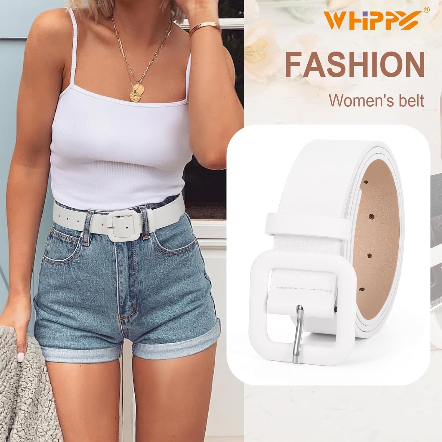 WHIPPY Women Leather Belt Candy Color Fashion Square Buckle Belt Ladies Belt for Jeans Pants Dresses