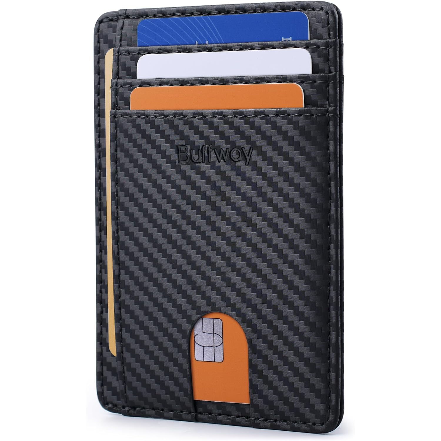 Buffway Slim Minimalist Front Pocket RFID Blocking Leather Wallets for Men and Women - Carbon Fiber Black