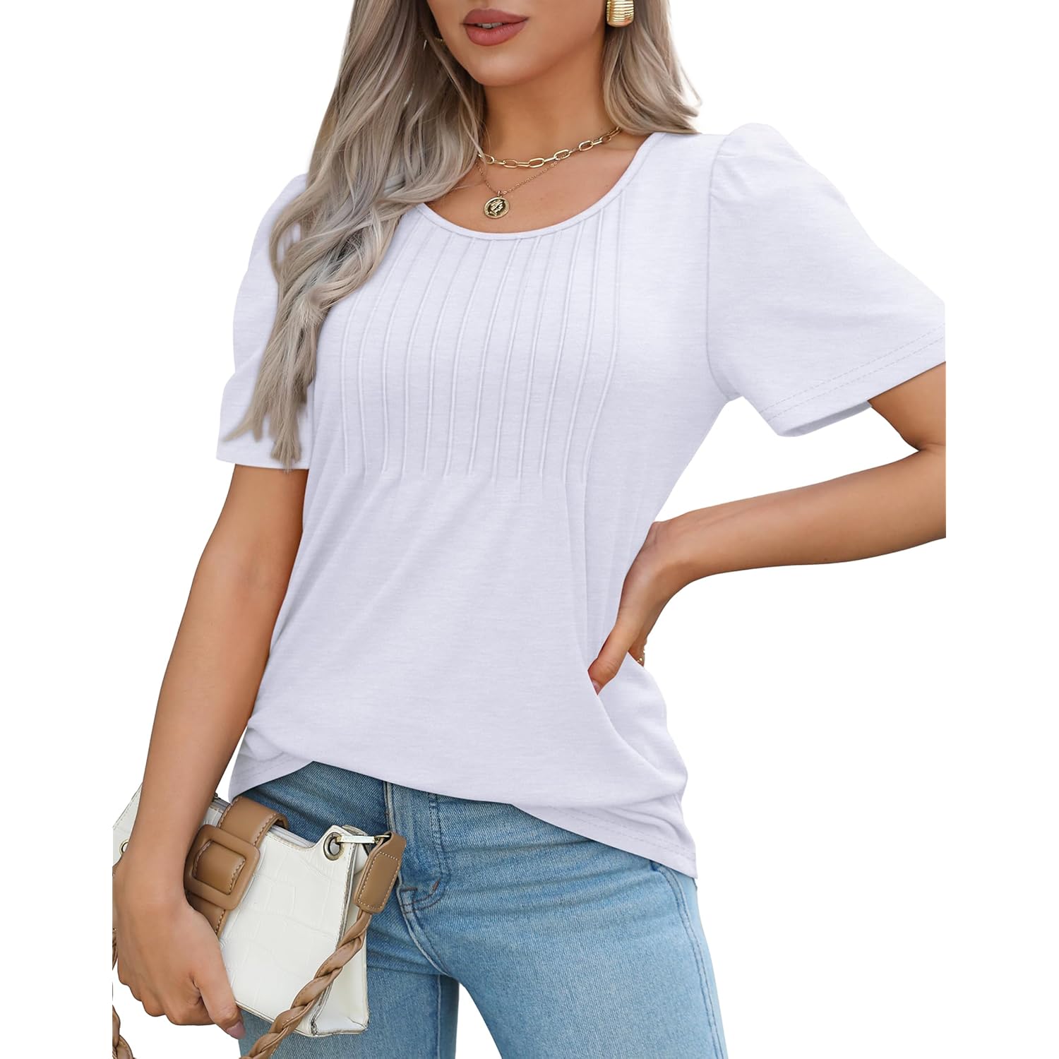 OFEEFAN Womens T Shirts Short Sleeve Pleated Dressy Casual Scooped Neck Summer Tops Blouses