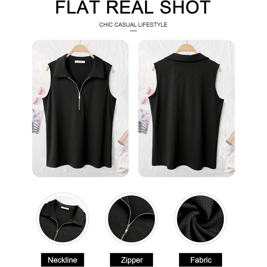 Vivilli Womens Ribbed Tank Top Zipper V Neck Dressy Casual Blouses Sleeveless Camisole Tops Work Tank Polo Shirts