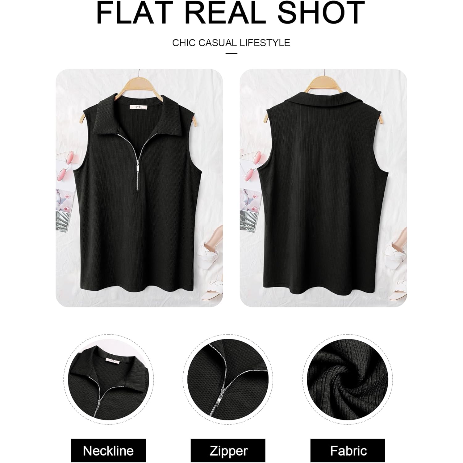 Vivilli Womens Ribbed Tank Top Zipper V Neck Dressy Casual Blouses Sleeveless Camisole Tops Work Tank Polo Shirts