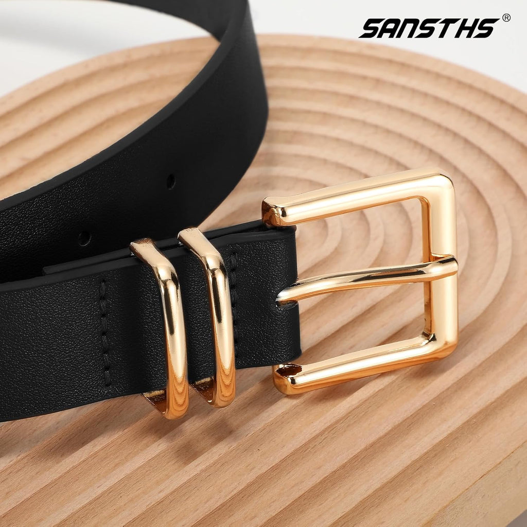 3 PACK Women Leather Belts for Jeans Pants Dresses Fashion Ladies Waist Belt with Gold Square Buckle