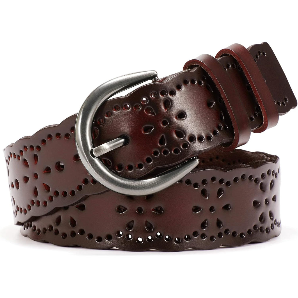 XZQTIVE Women Plus Size Leather Belt for Jeans Dresses Pants Hollow Flower Waist Belts with Solid Pin Buckle