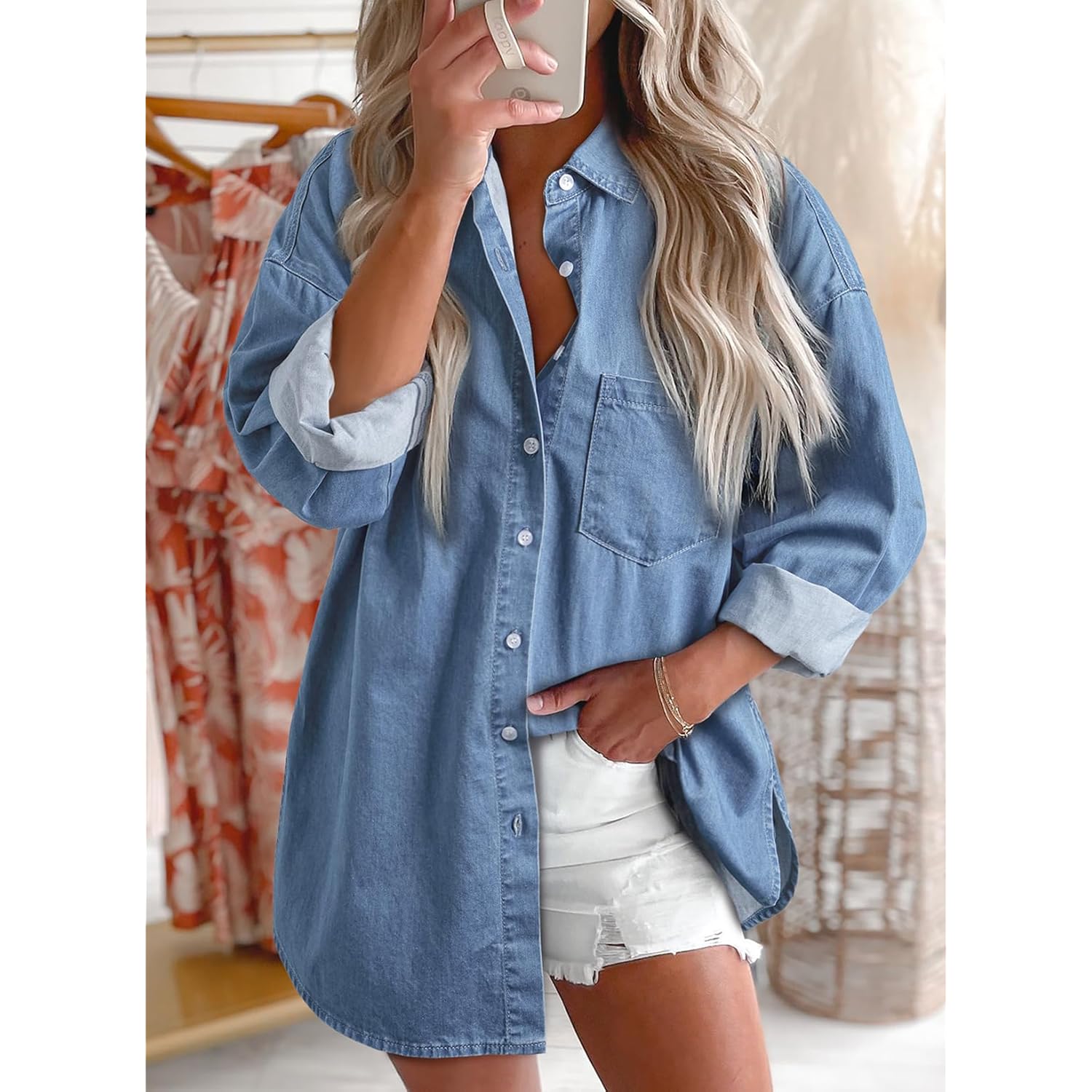 Astylish Women Denim Shirts Button Down Blouse V Neck Casual Tops