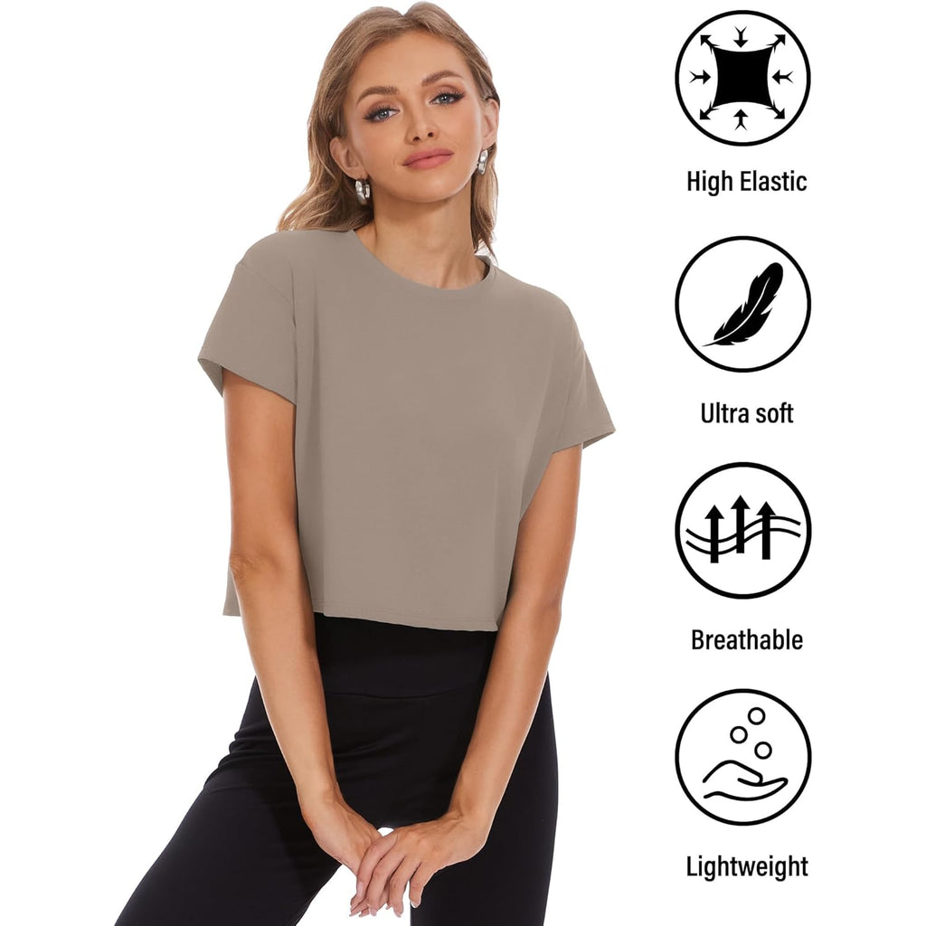 6 Pack Women's Crop Top Short Sleeve Athletic Workout Yoga Running Gym Casual Tees T-Shirts Loose Fit