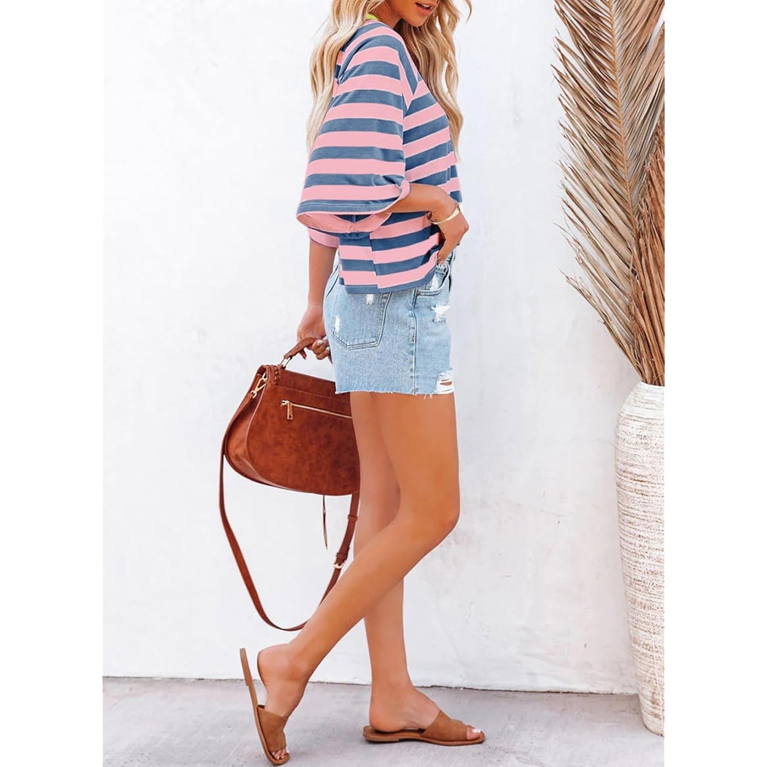 Dokotoo Tops for Women Striped 2025 Fashion T Shirts for Women Color Block Crewneck Design Loose Basic Tee