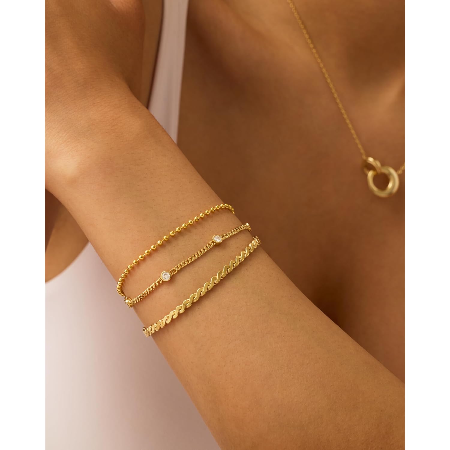 PAVOI 18K Gold Plated Chain Bracelet Pack for Women | Jewelry Set of 5 Stackable Bracelets Paperclip Snake Rope Figaro Beaded Chains