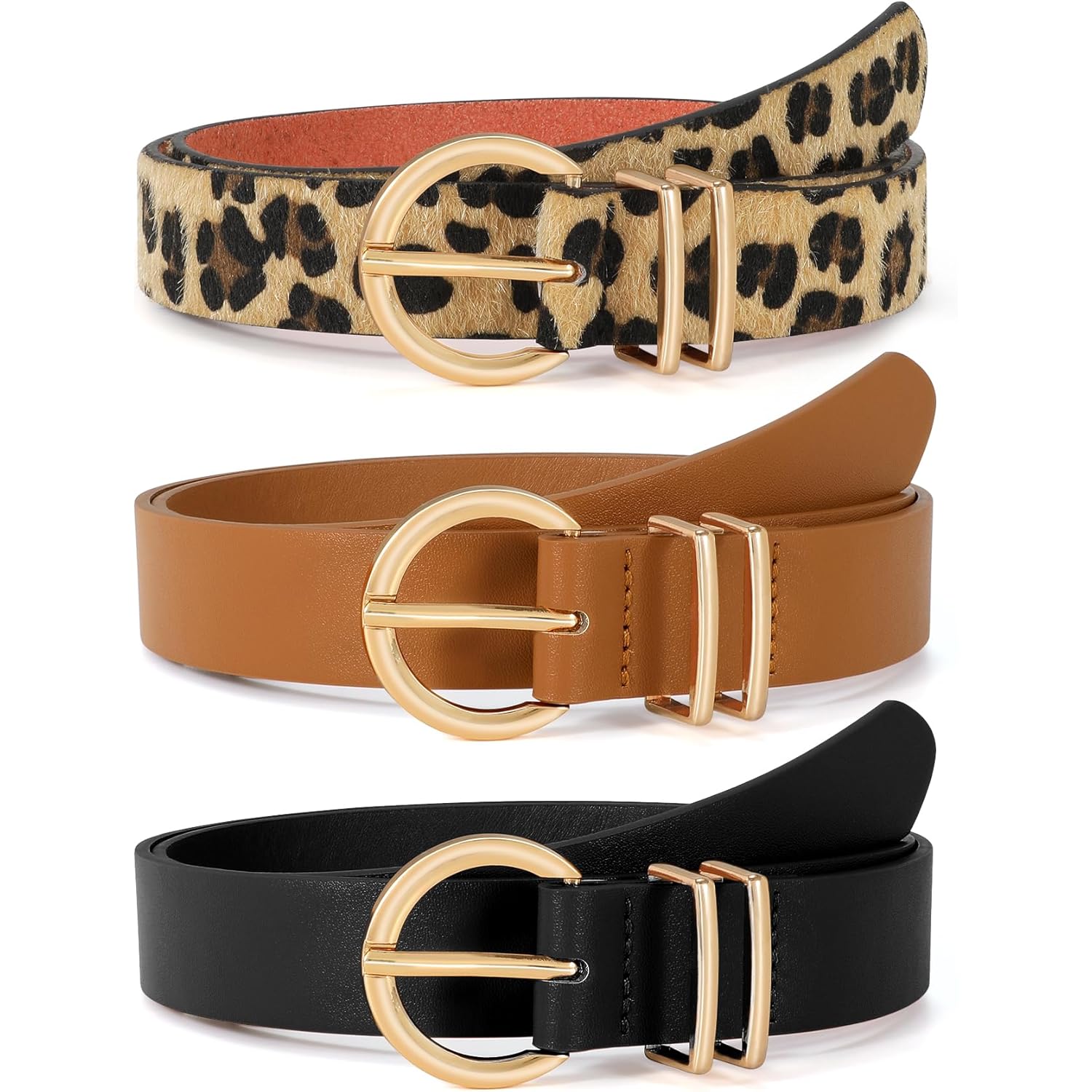 VONMELLI 3 Pack Women's Leather Belts for Jeans Dresses Ladies Waist Belt with Fashion Gold Buckle