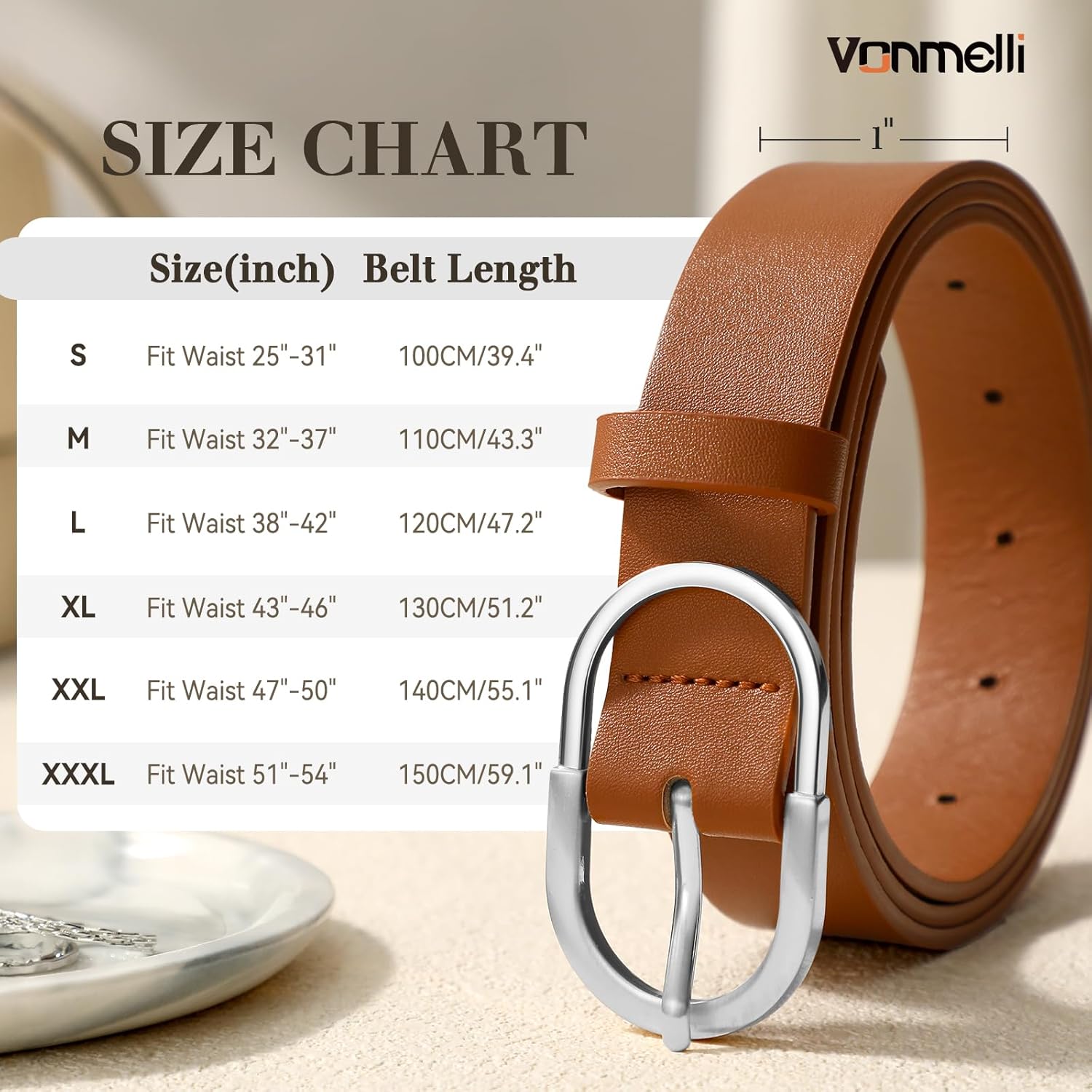 VONMELLI 3 Pack Women's Belts for Jeans Pants Fashion Gold Buckle Ladies Dress Belt