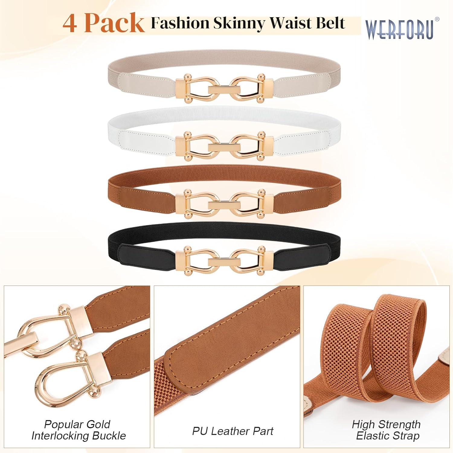 WERFORU 4 Pack Women Skinny Elastic Waist Belt Gold Buckle Stretchy Thin Belt for Jeans Dress