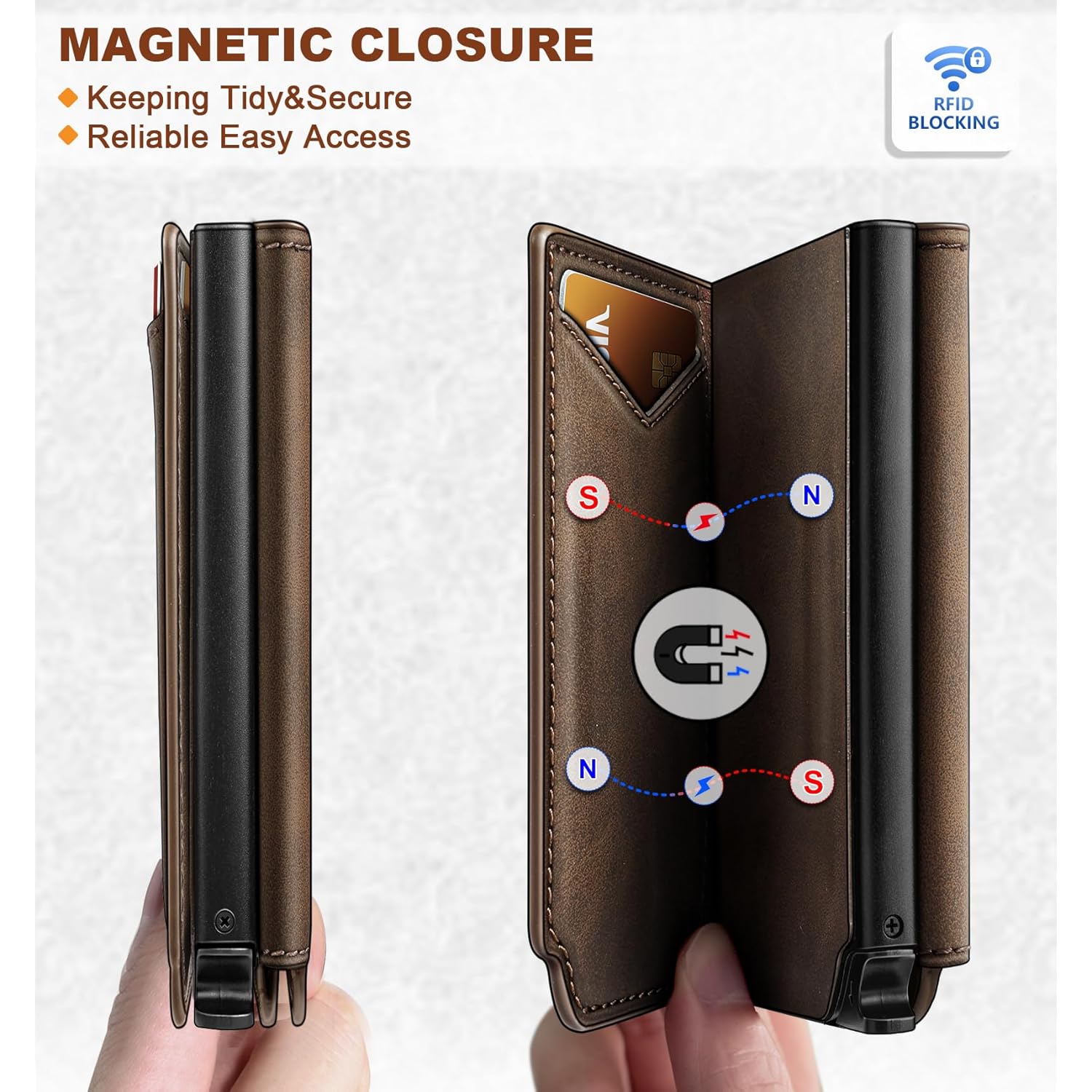 BULLIANT Men Wallet Leather Wallet Card Holders Money Clip for Men 10Cards-Magnetic Flip on Metal Case