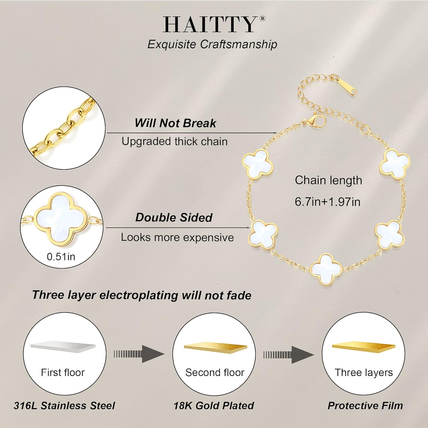 18K Gold Plated Clover Bracelet Set for Women White/Black/Gold/Silver/Green/Pink Adjustable Link Double-Sided Lucky Bracelets Trendy Bracelets Set Jewelry Gifts for Women Men