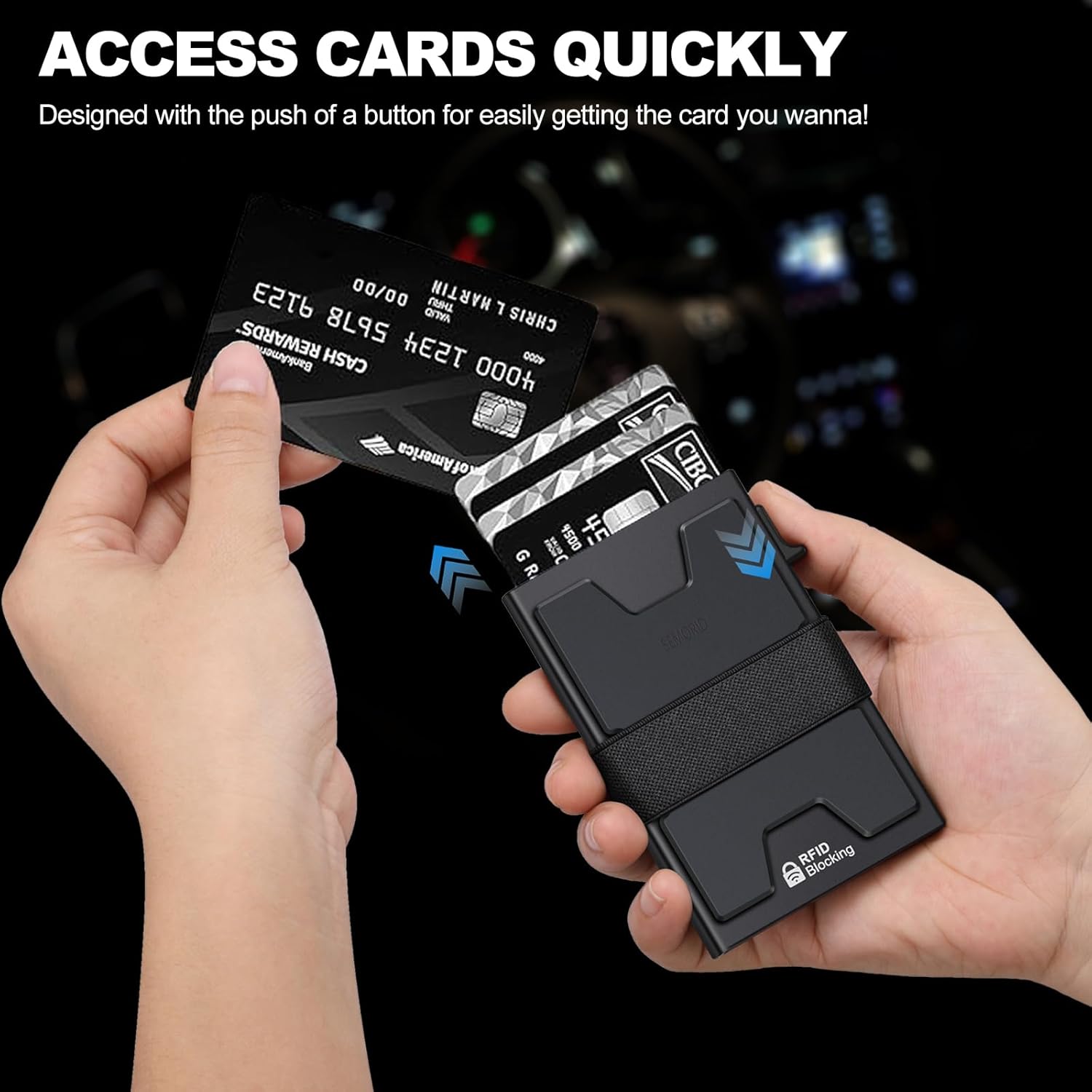 Slim Aluminum Card Holder Wallet for Men, Durable Expandable Backplate, RFID Blocking Minimalist Metal Pop Up Wallet, Holds 12+ Cards Plus Cash (Black)