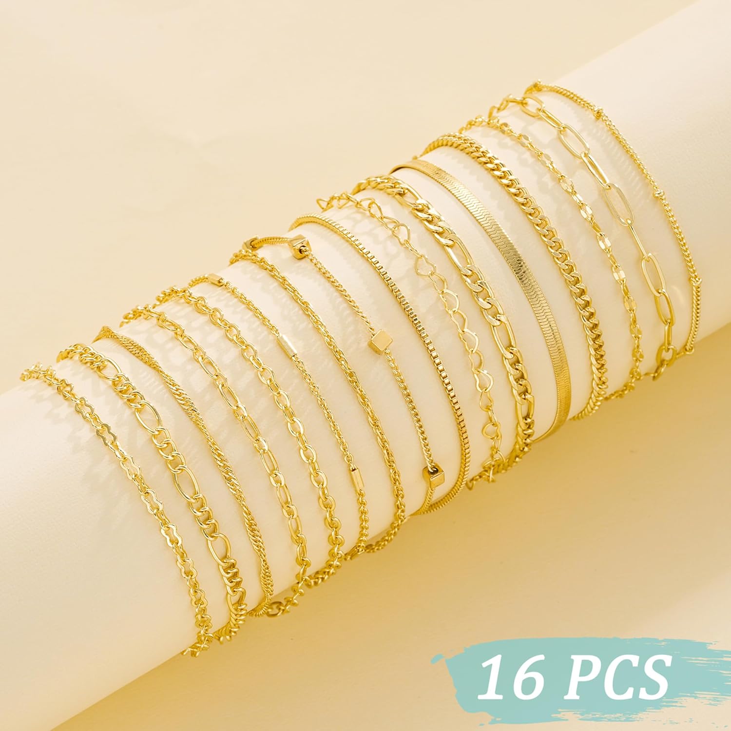 16 PCS Gold Bracelets for Women, Dainty Bracelets Set for Women Trendy, Gold Stackable Cuban Link Paperclip Chain Bracelet Pack Jewelry Gifts for Women
